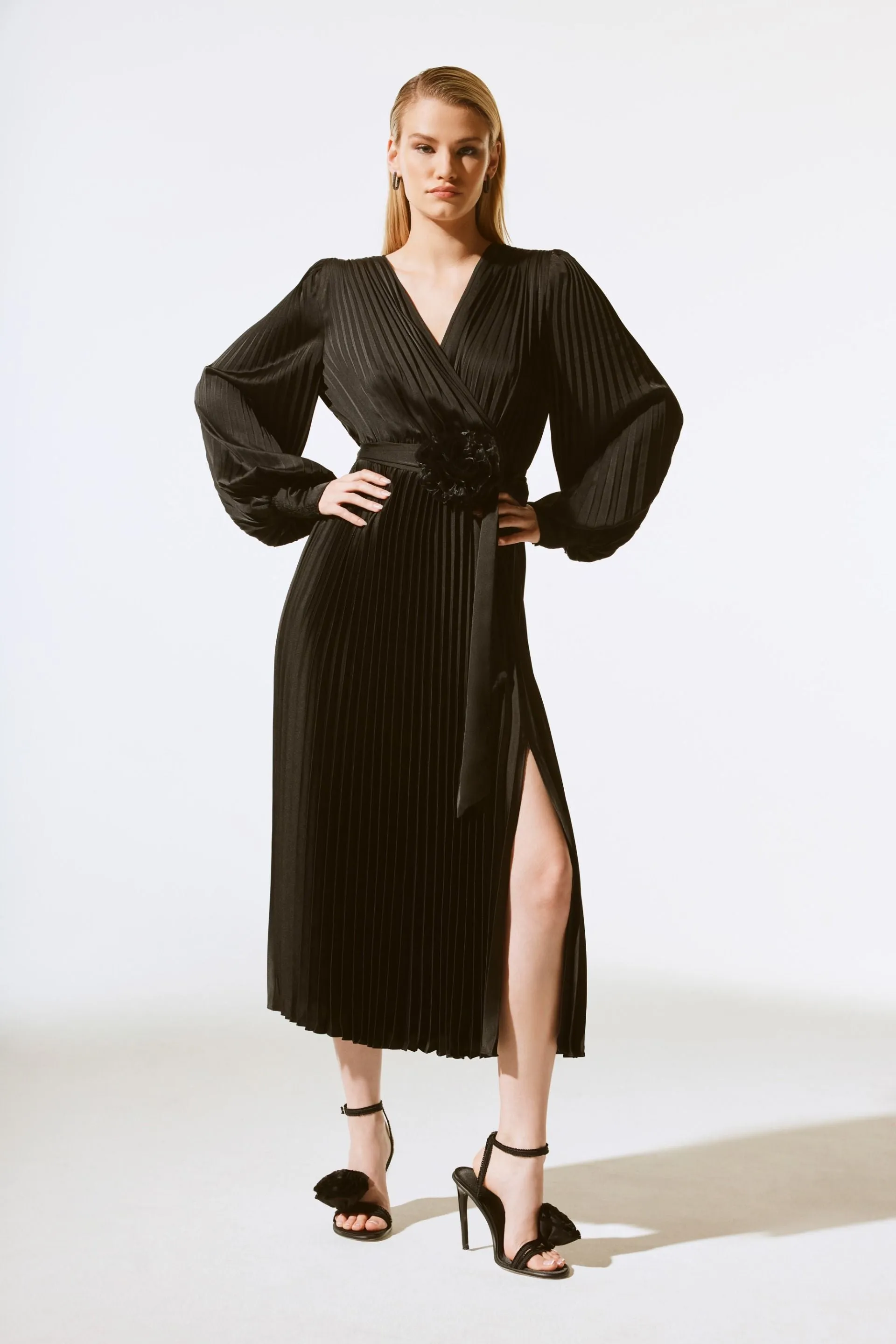 Joseph Ribkoff Pleated Satin Belted Midi Wrap Dress 243771X