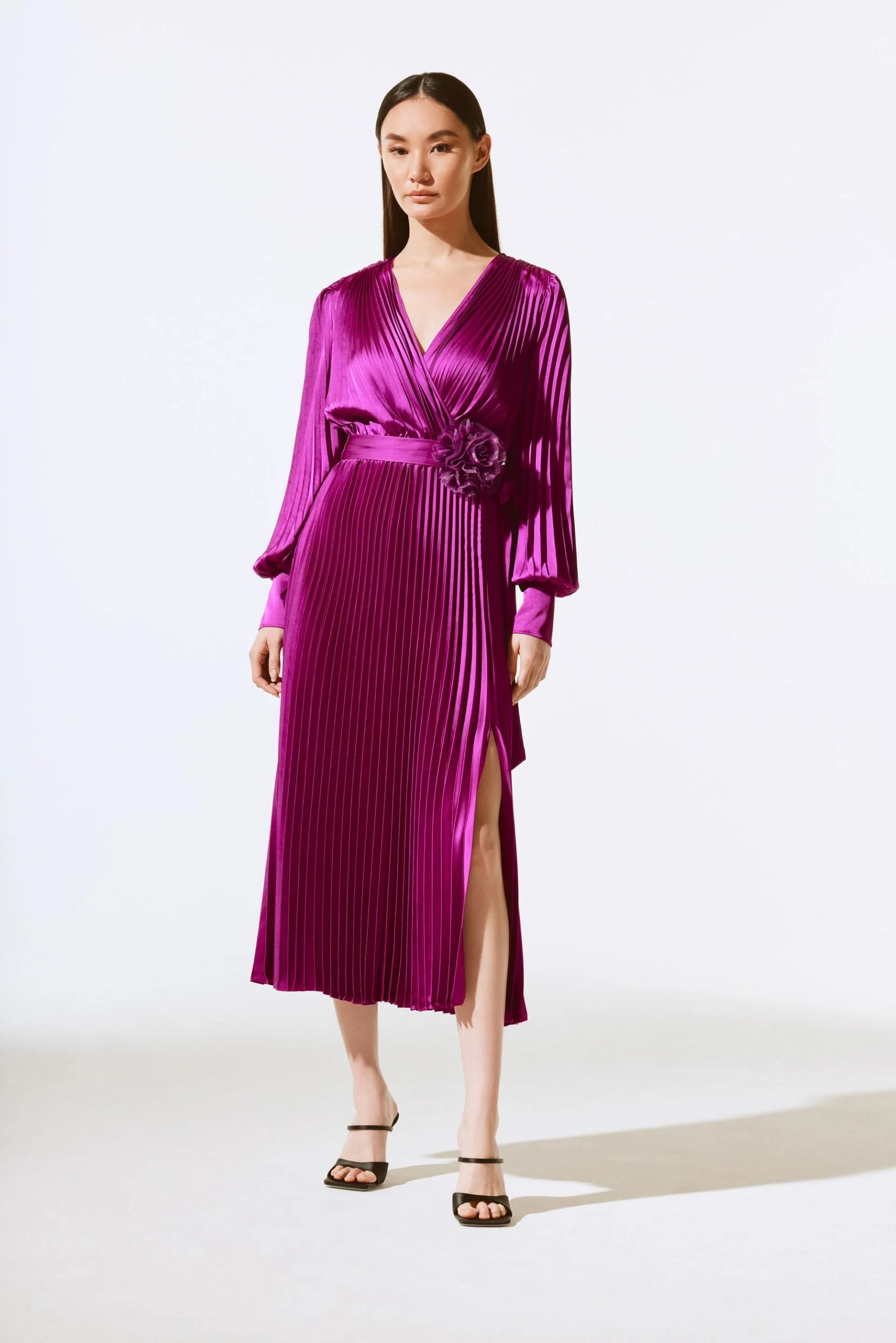 Joseph Ribkoff Pleated Satin Belted Midi Wrap Dress 243771X