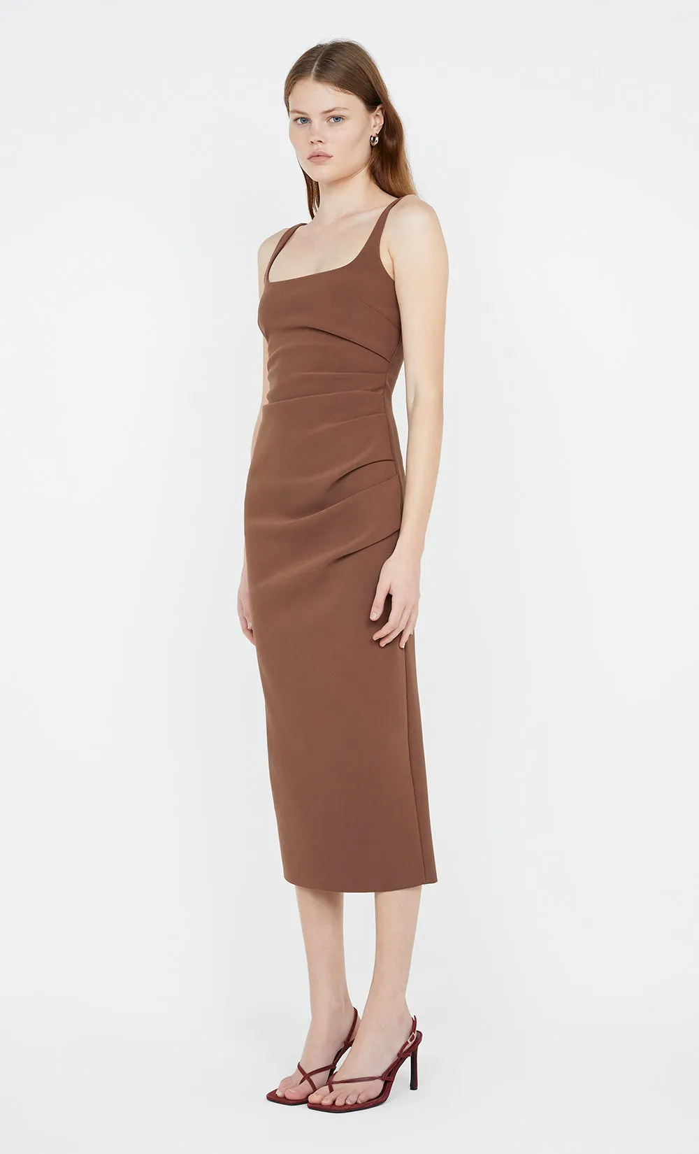 KARINA TUCK MIDI DRESS - CHOCOLATE