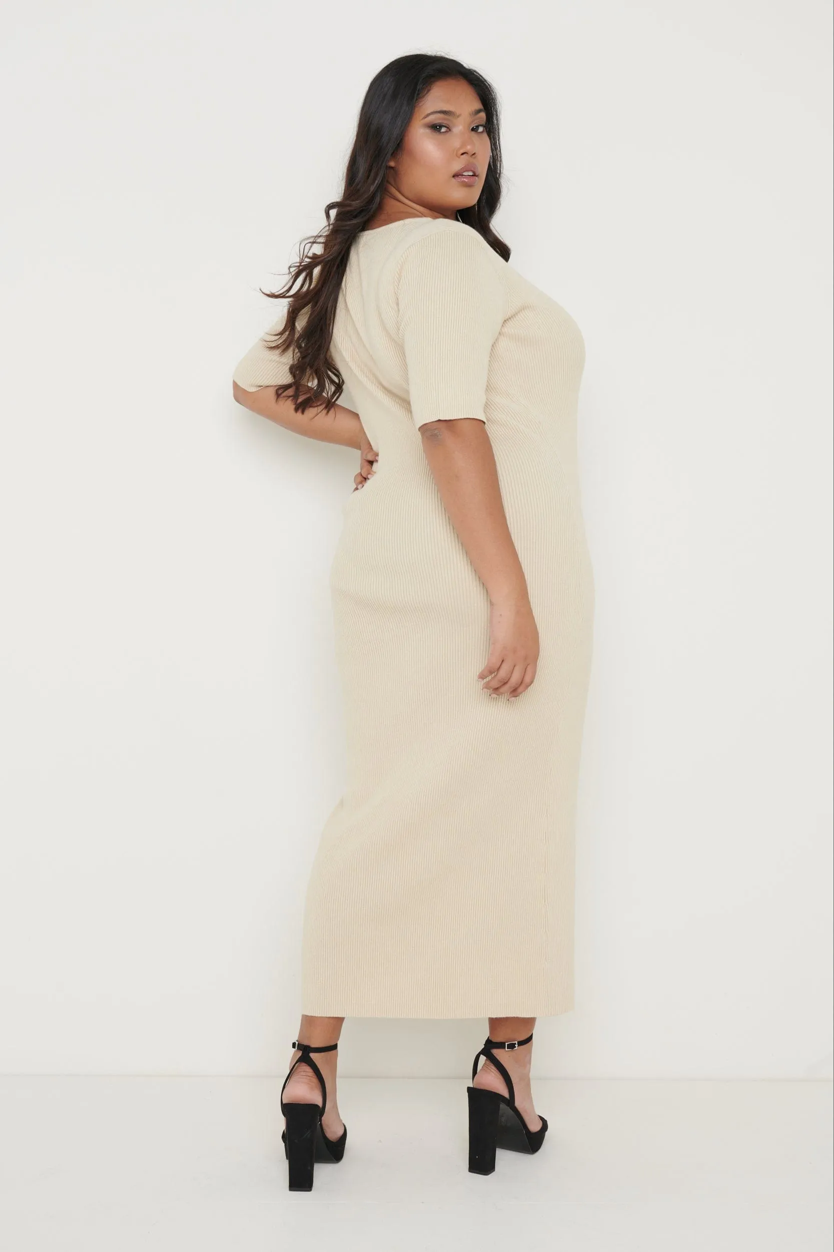 Lara Ribbed Midi Dress - Beige