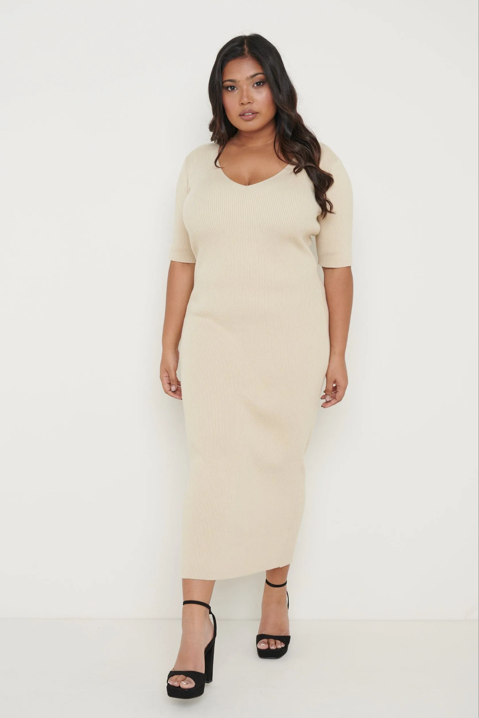 Lara Ribbed Midi Dress - Beige