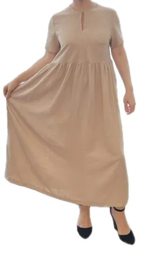 Light Linen Dress, 100% Linen, Short Sleeves, Crew Collar, Loose Fit, Beige