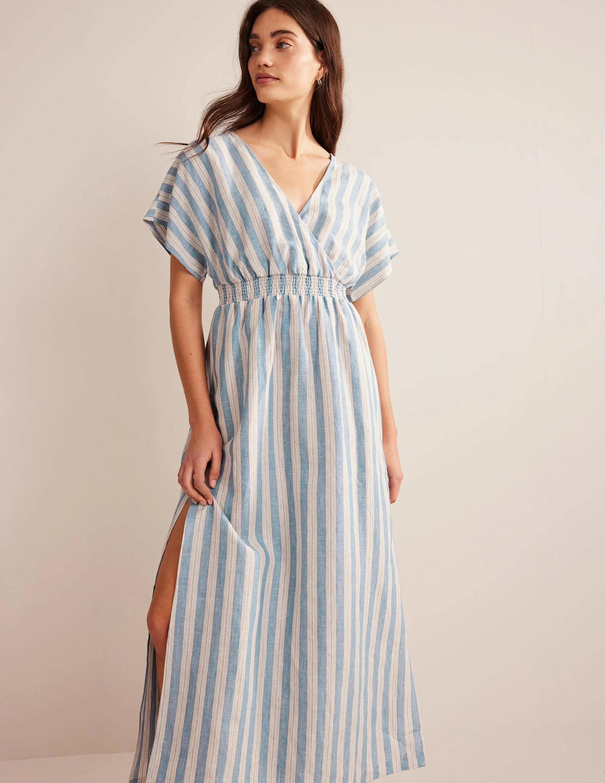 Linen Kaftan Maxi Dress-Porcelain Blue Lurex Stripe
