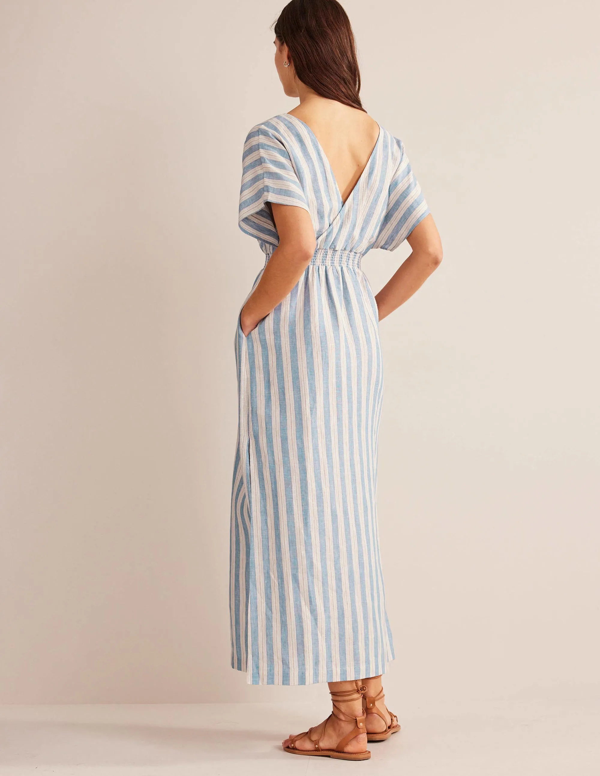 Linen Kaftan Maxi Dress-Porcelain Blue Lurex Stripe