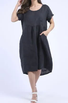Linen Round Neck Elegant Style Dress - Charcoal