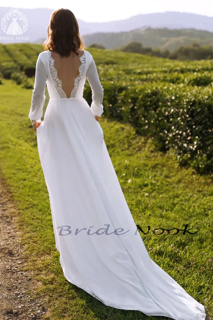 Long Sleeve Chiffon Wedding Dress With lace Illusion Back
