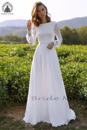 Long Sleeve Chiffon Wedding Dress With lace Illusion Back