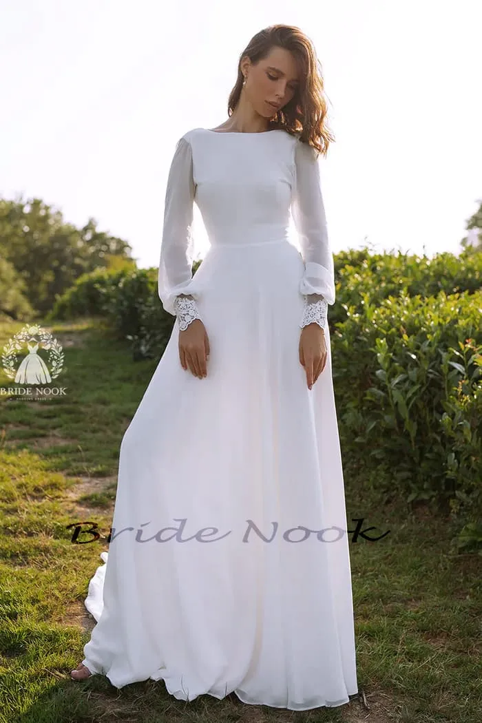 Long Sleeve Chiffon Wedding Dress With lace Illusion Back