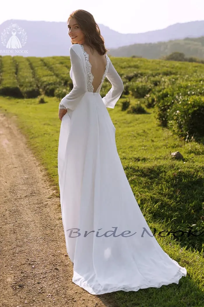 Long Sleeve Chiffon Wedding Dress With lace Illusion Back