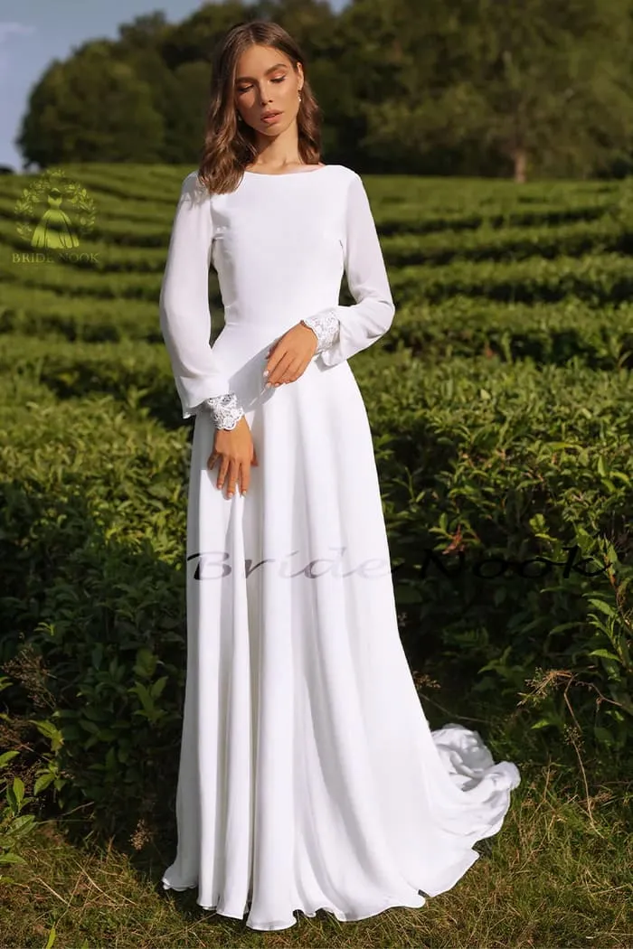 Long Sleeve Chiffon Wedding Dress With lace Illusion Back