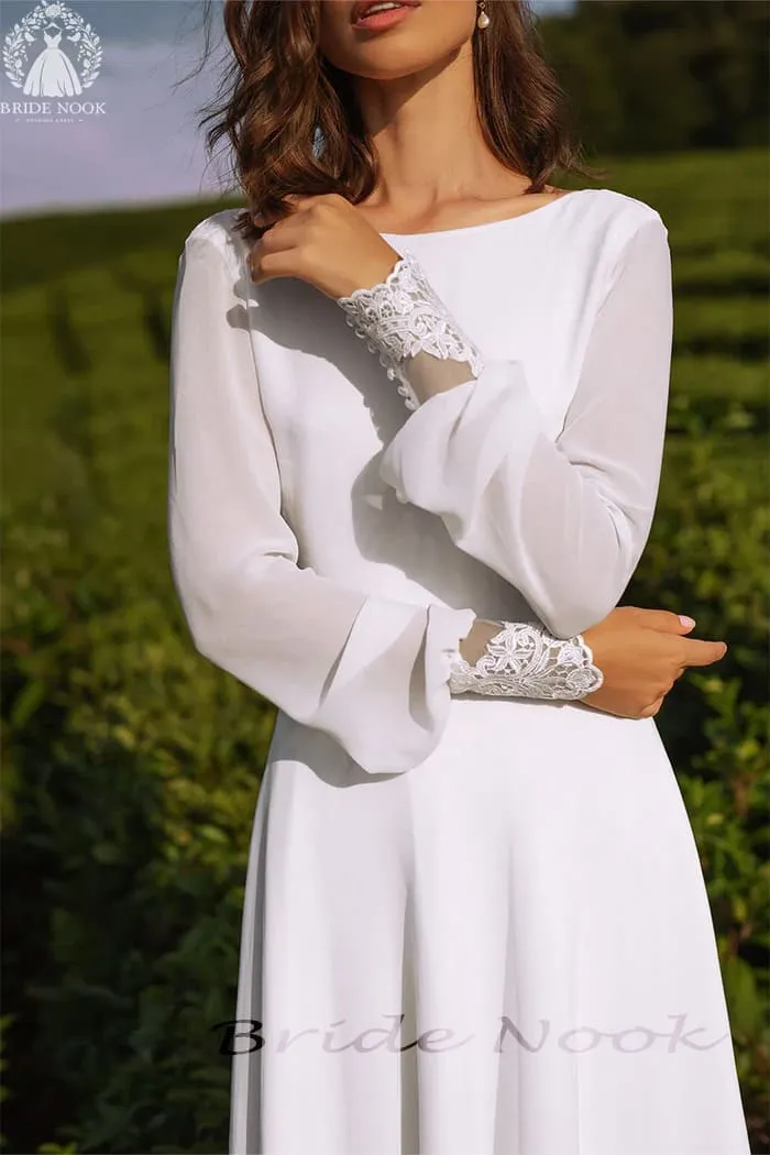 Long Sleeve Chiffon Wedding Dress With lace Illusion Back