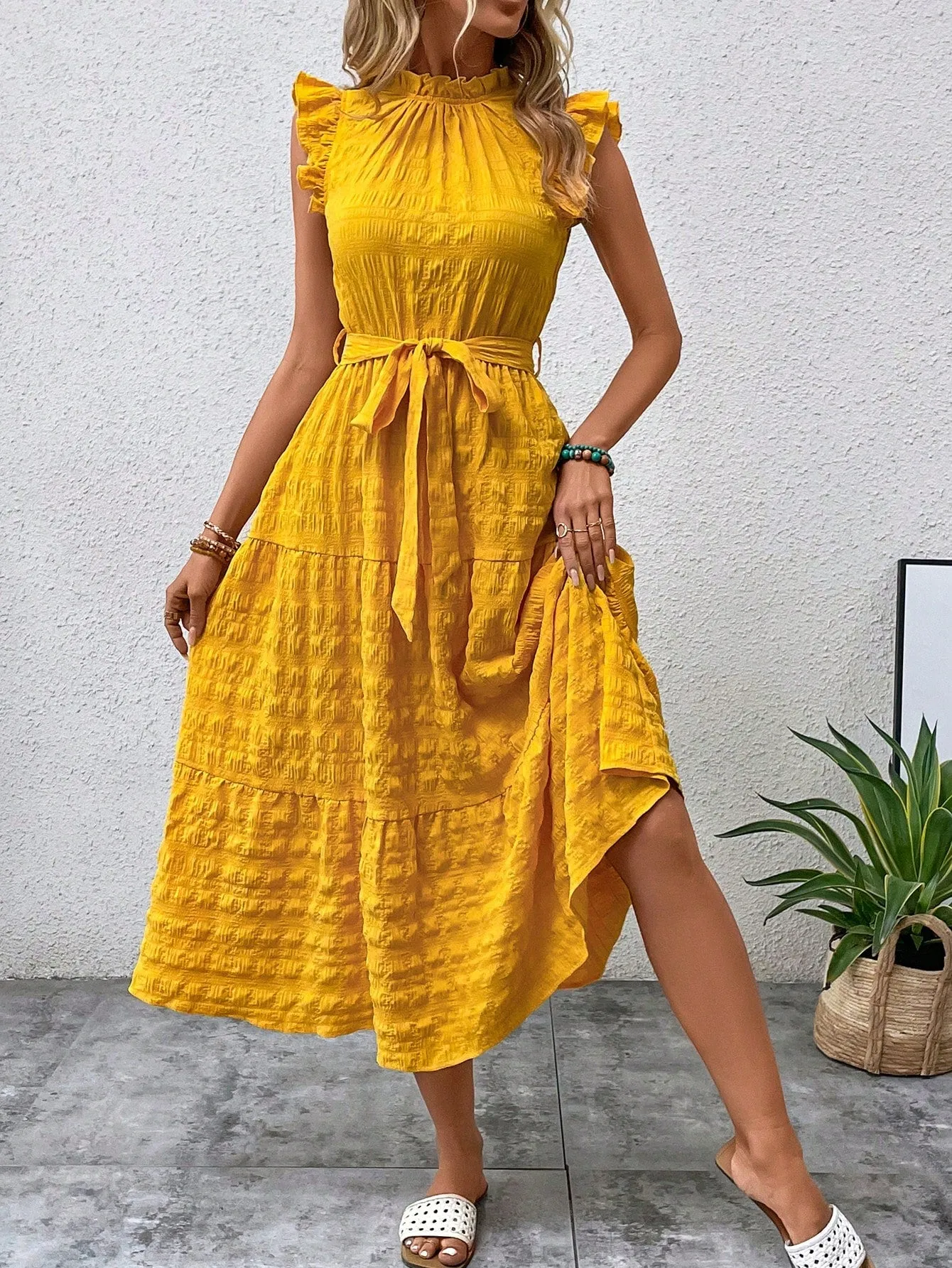 LUNE Frill Trim Ruffle Hem Belted Dress