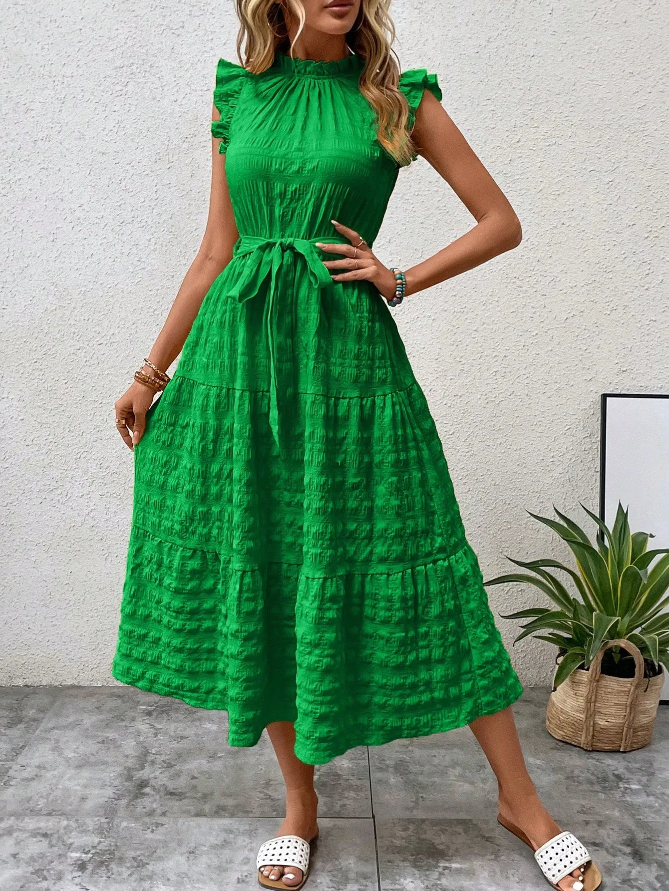 LUNE Frill Trim Ruffle Hem Belted Dress