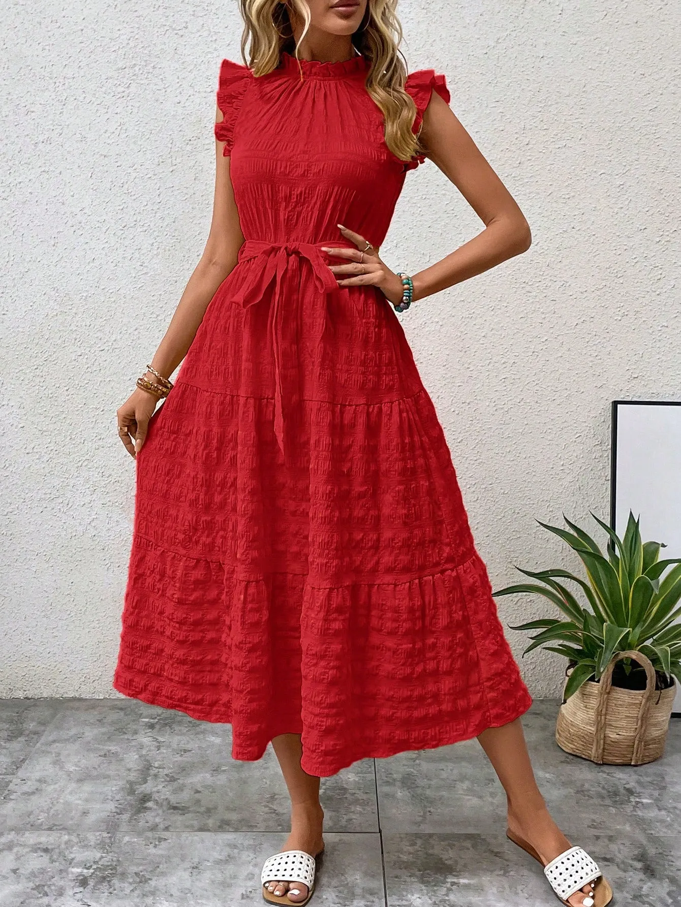 LUNE Frill Trim Ruffle Hem Belted Dress