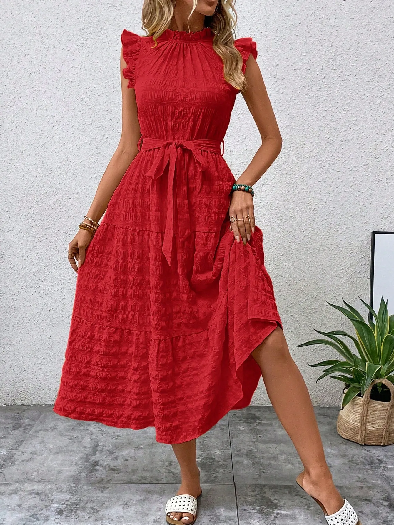 LUNE Frill Trim Ruffle Hem Belted Dress