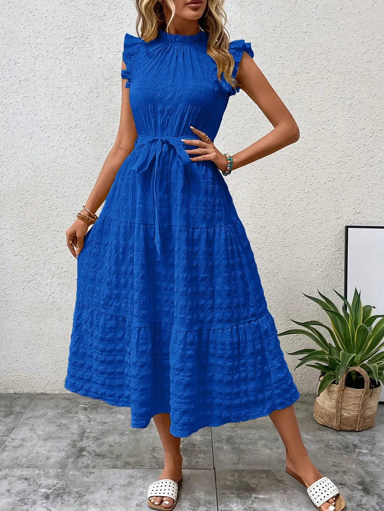 LUNE Frill Trim Ruffle Hem Belted Dress