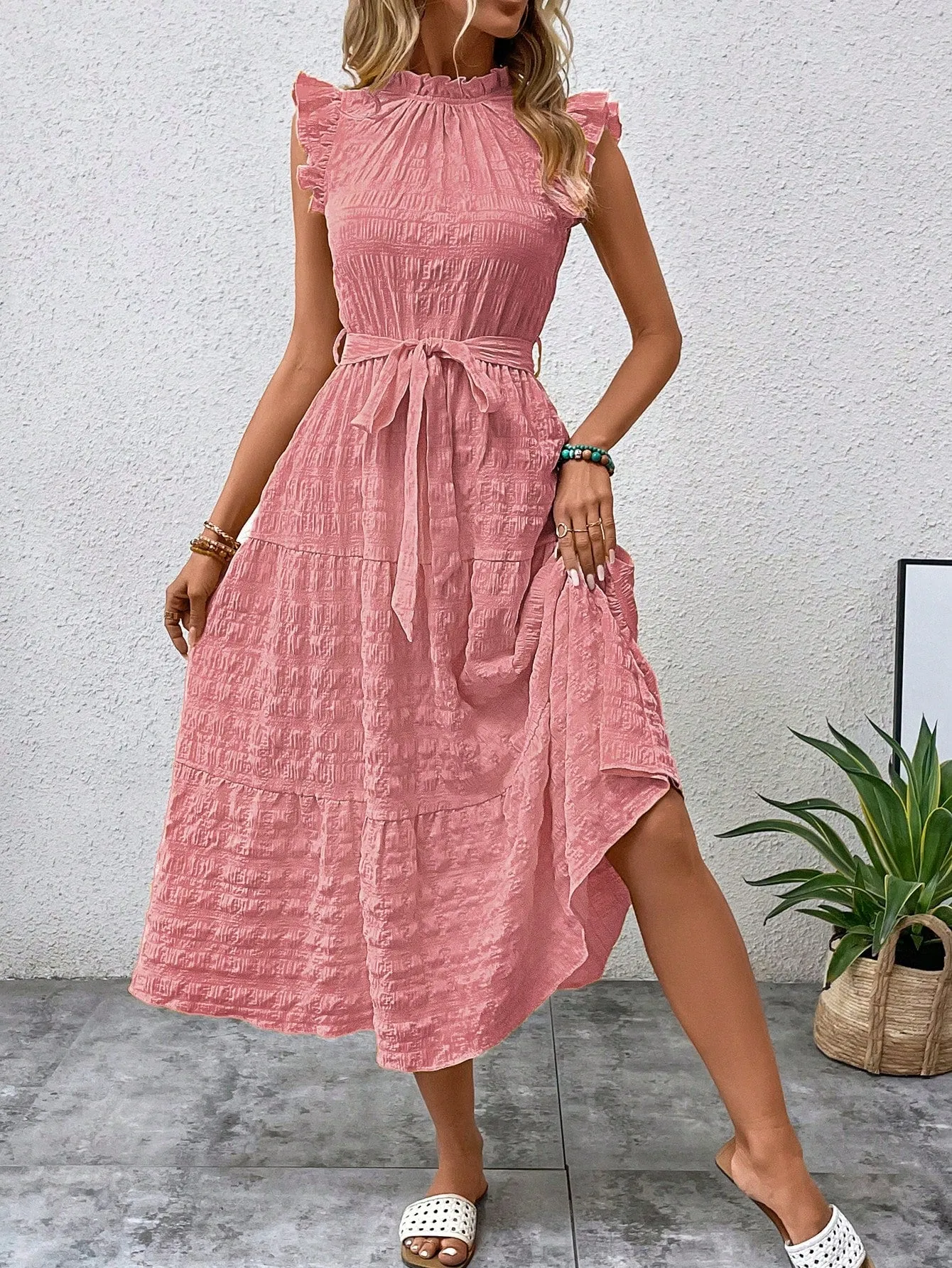 LUNE Frill Trim Ruffle Hem Belted Dress