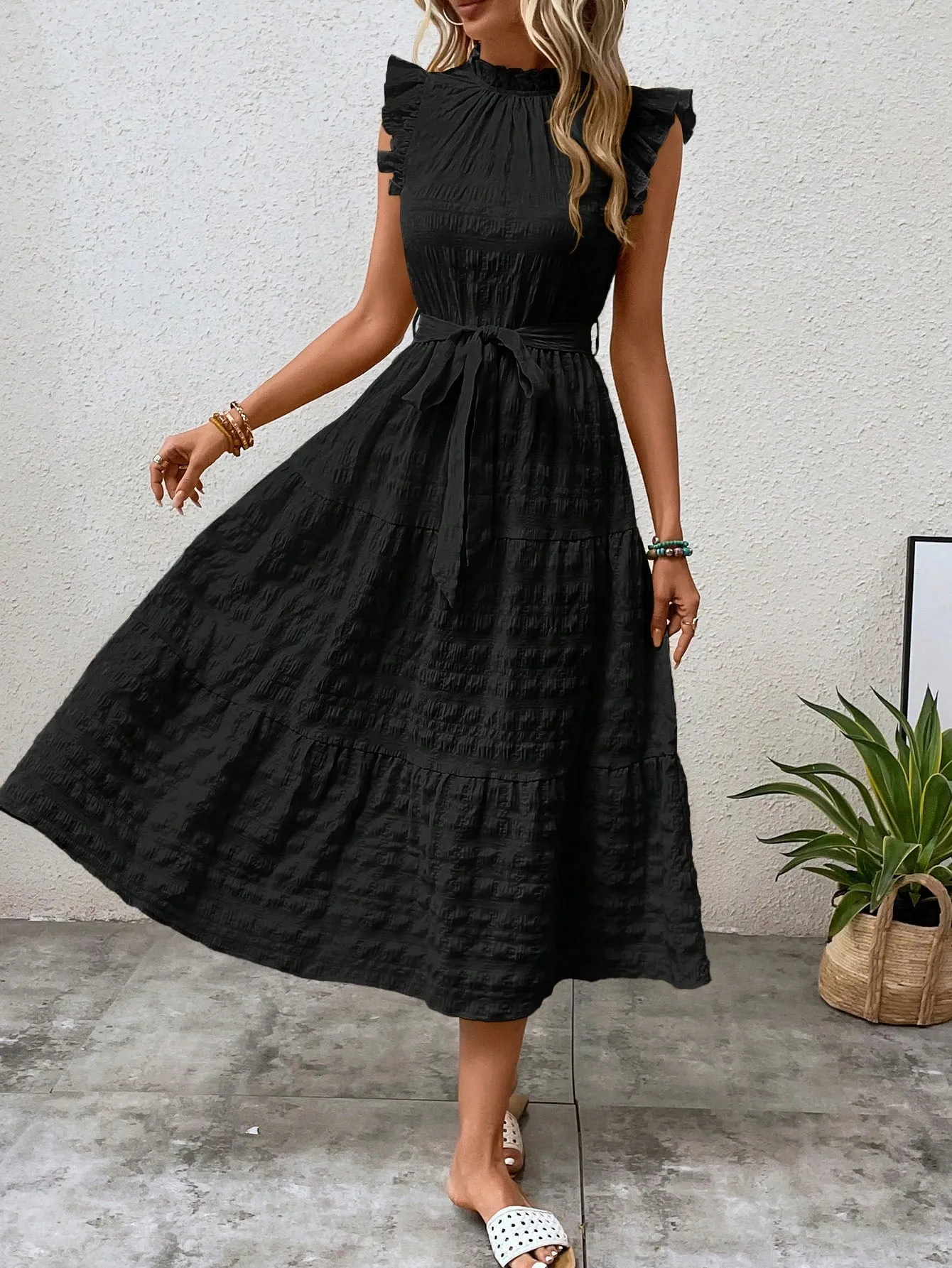 LUNE Frill Trim Ruffle Hem Belted Dress