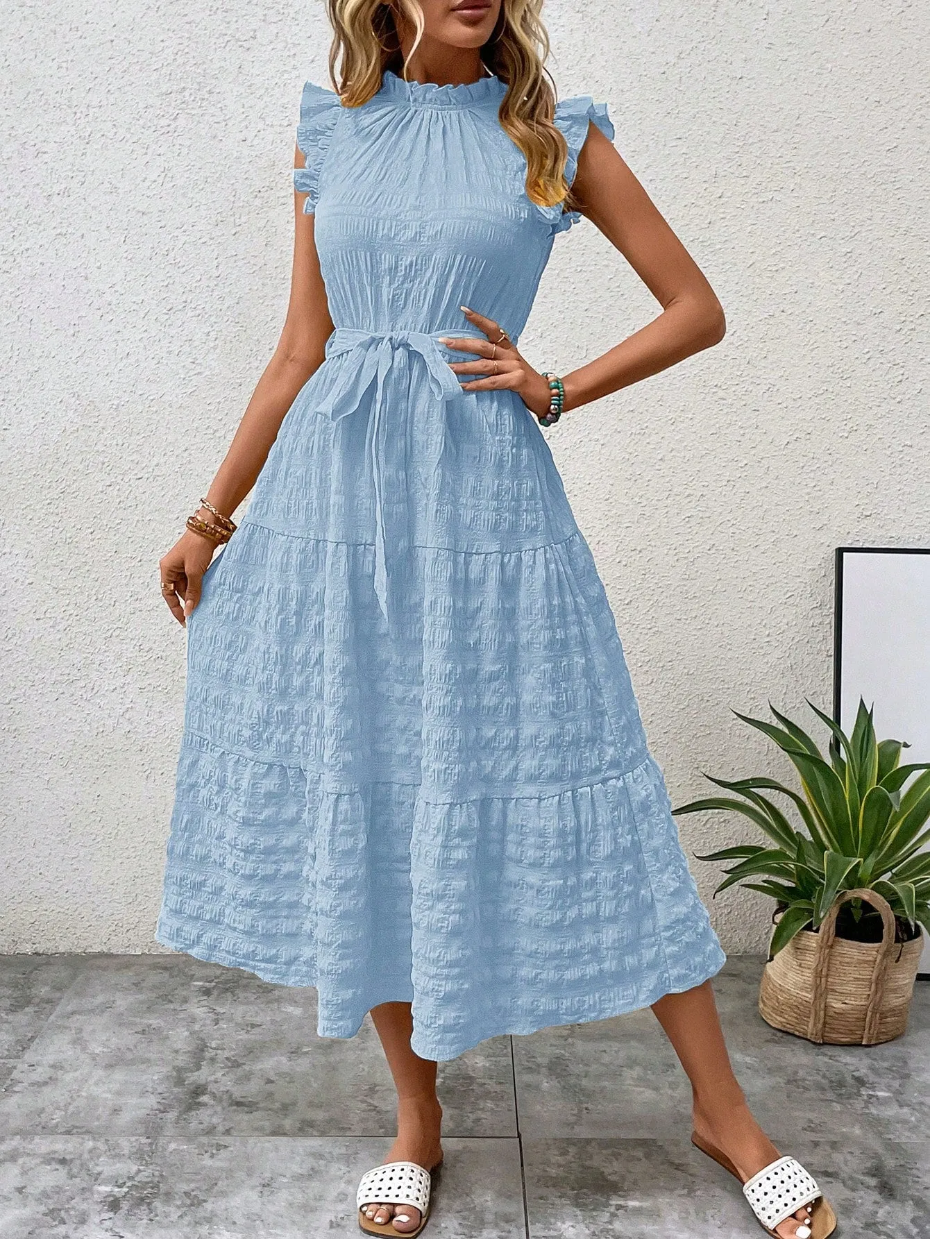 LUNE Frill Trim Ruffle Hem Belted Dress