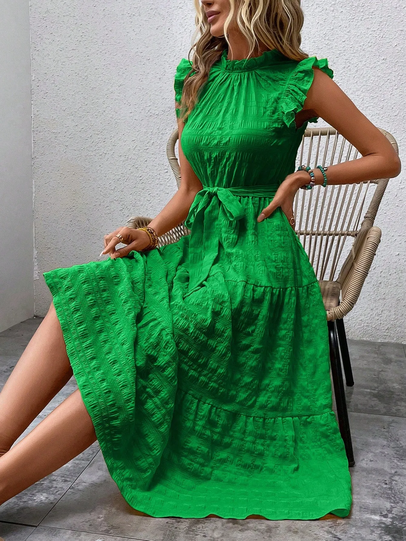 LUNE Frill Trim Ruffle Hem Belted Dress