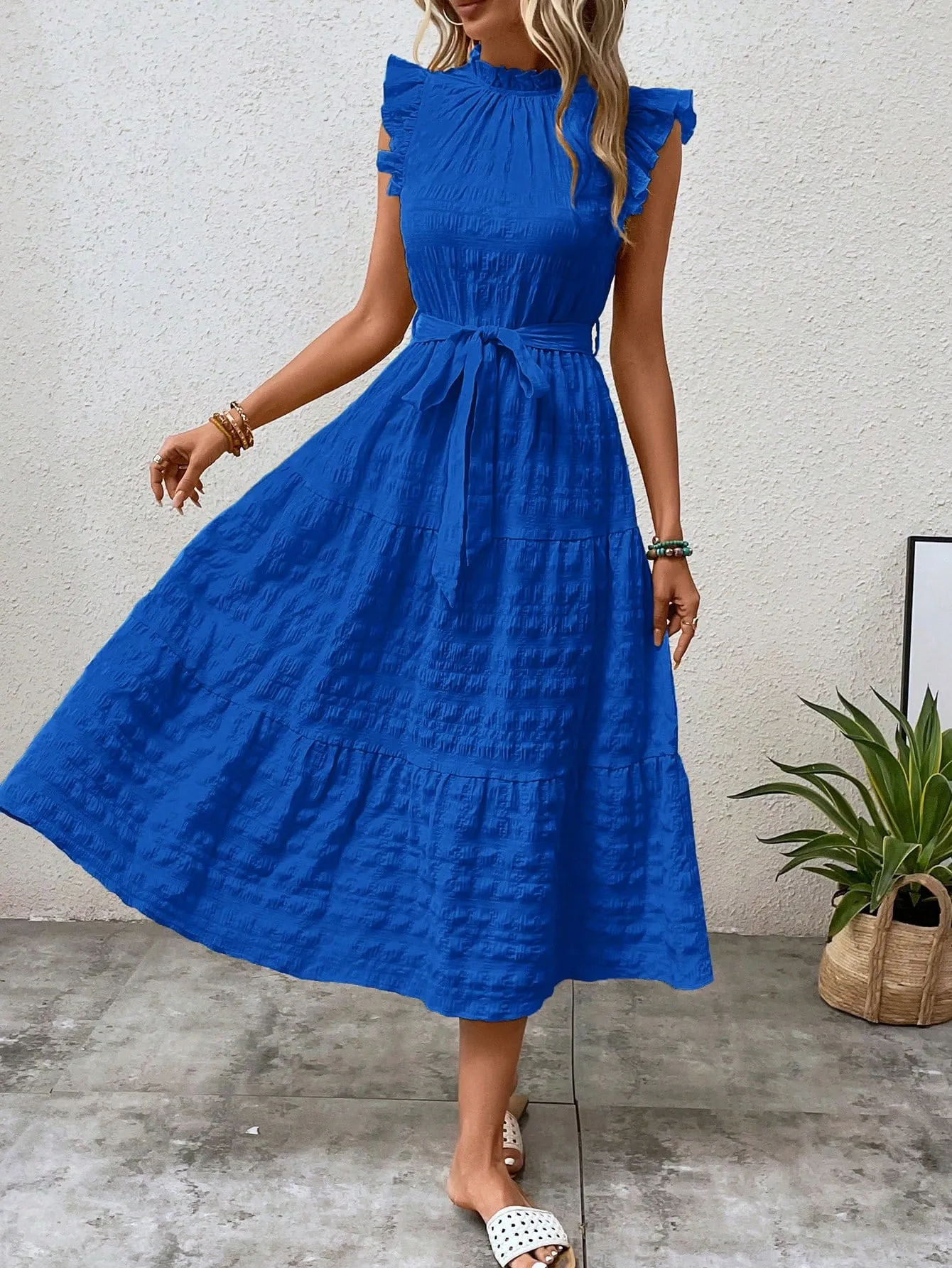 LUNE Frill Trim Ruffle Hem Belted Dress