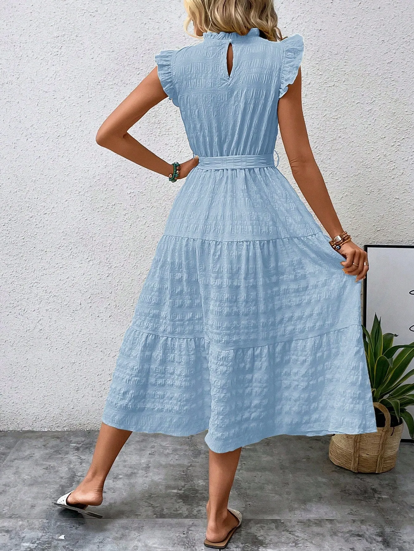 LUNE Frill Trim Ruffle Hem Belted Dress