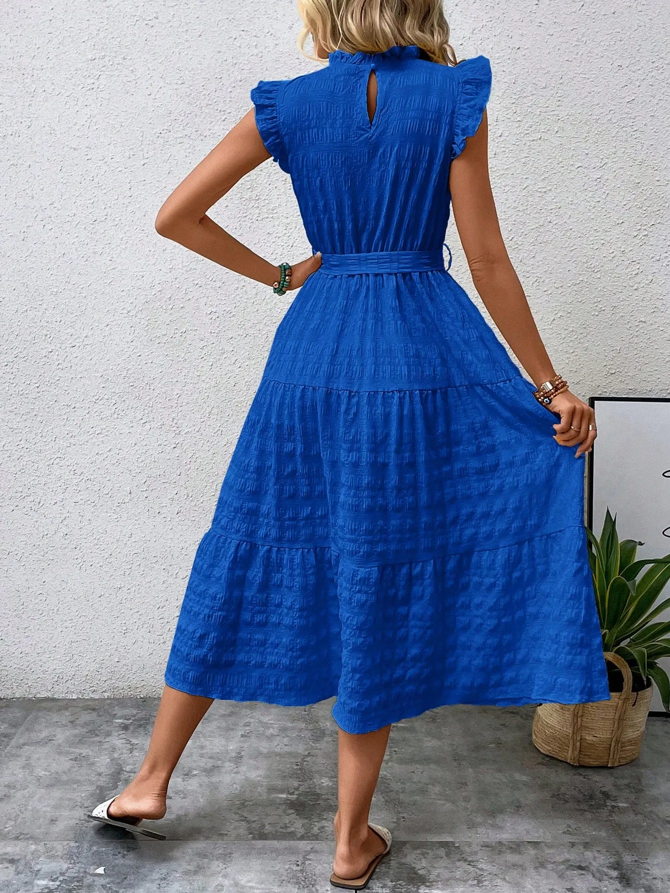 LUNE Frill Trim Ruffle Hem Belted Dress