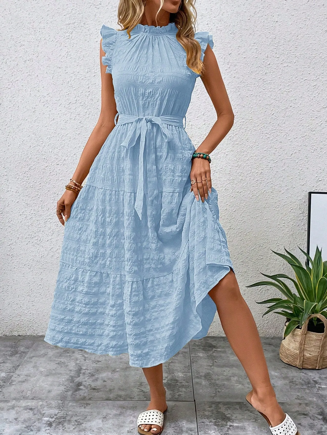 LUNE Frill Trim Ruffle Hem Belted Dress