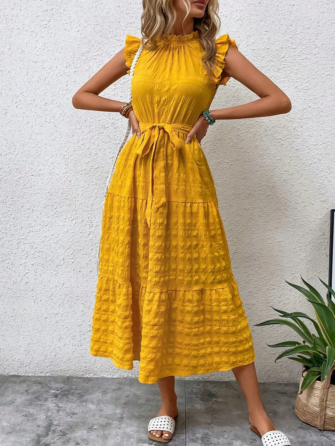 LUNE Frill Trim Ruffle Hem Belted Dress