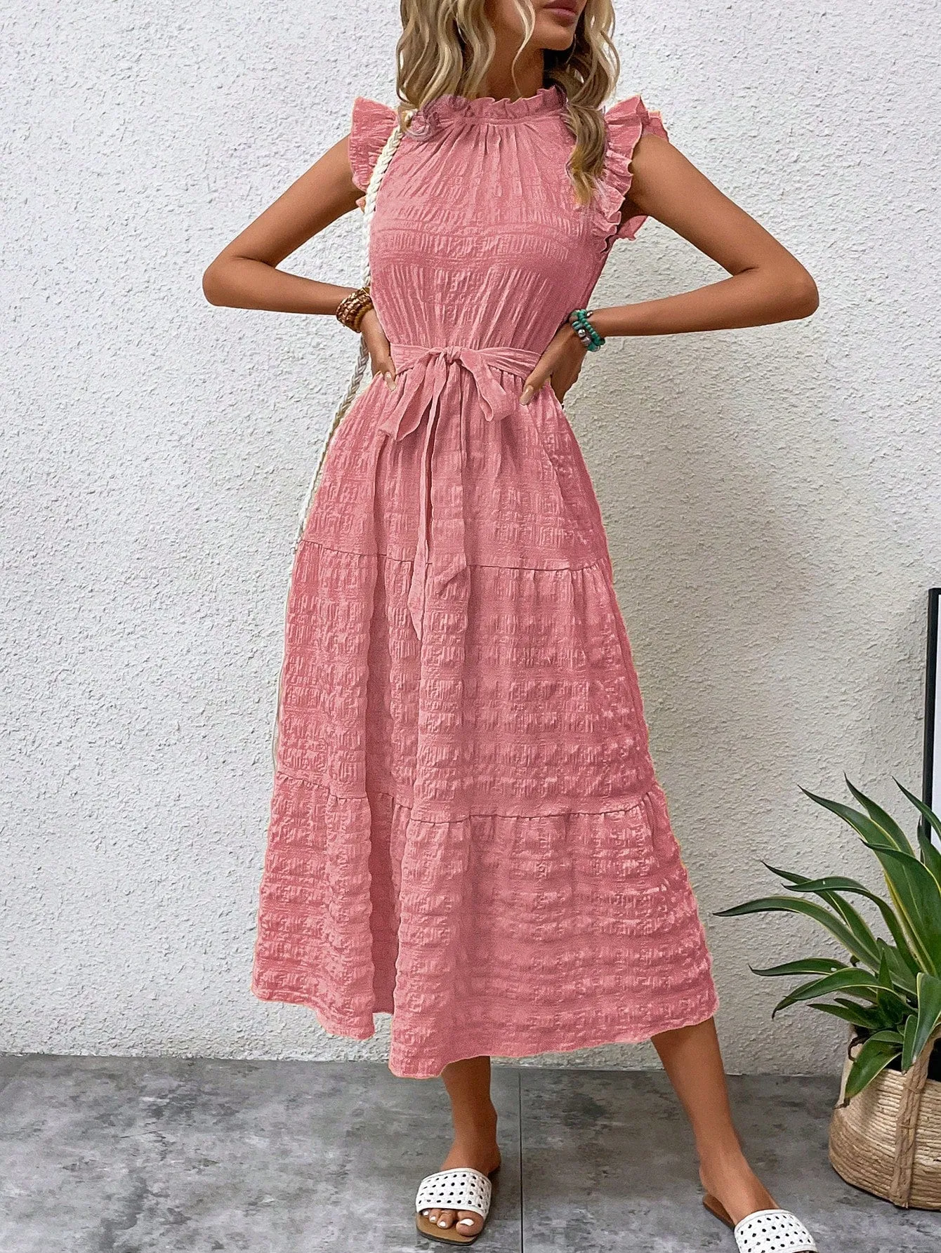 LUNE Frill Trim Ruffle Hem Belted Dress
