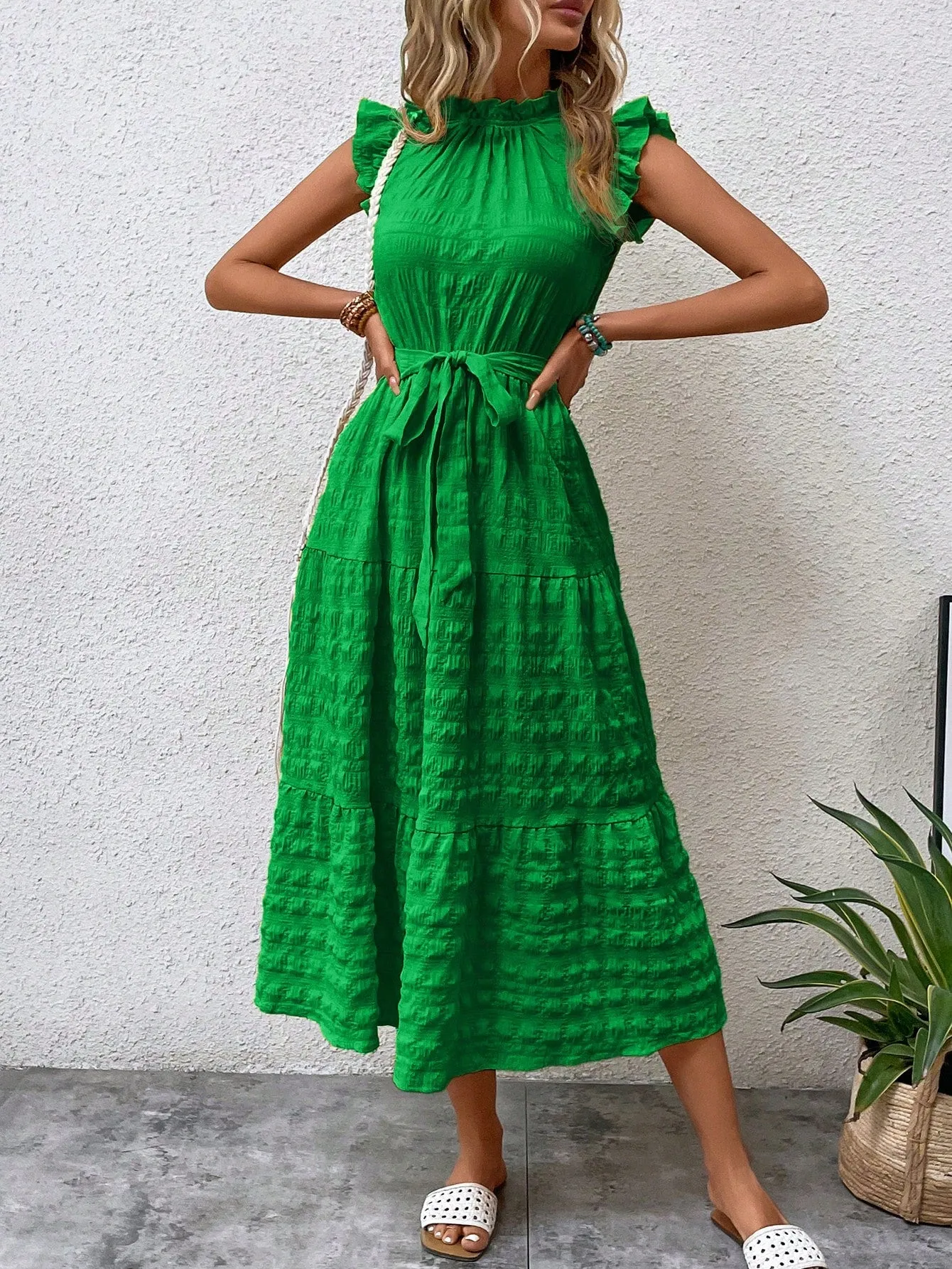 LUNE Frill Trim Ruffle Hem Belted Dress