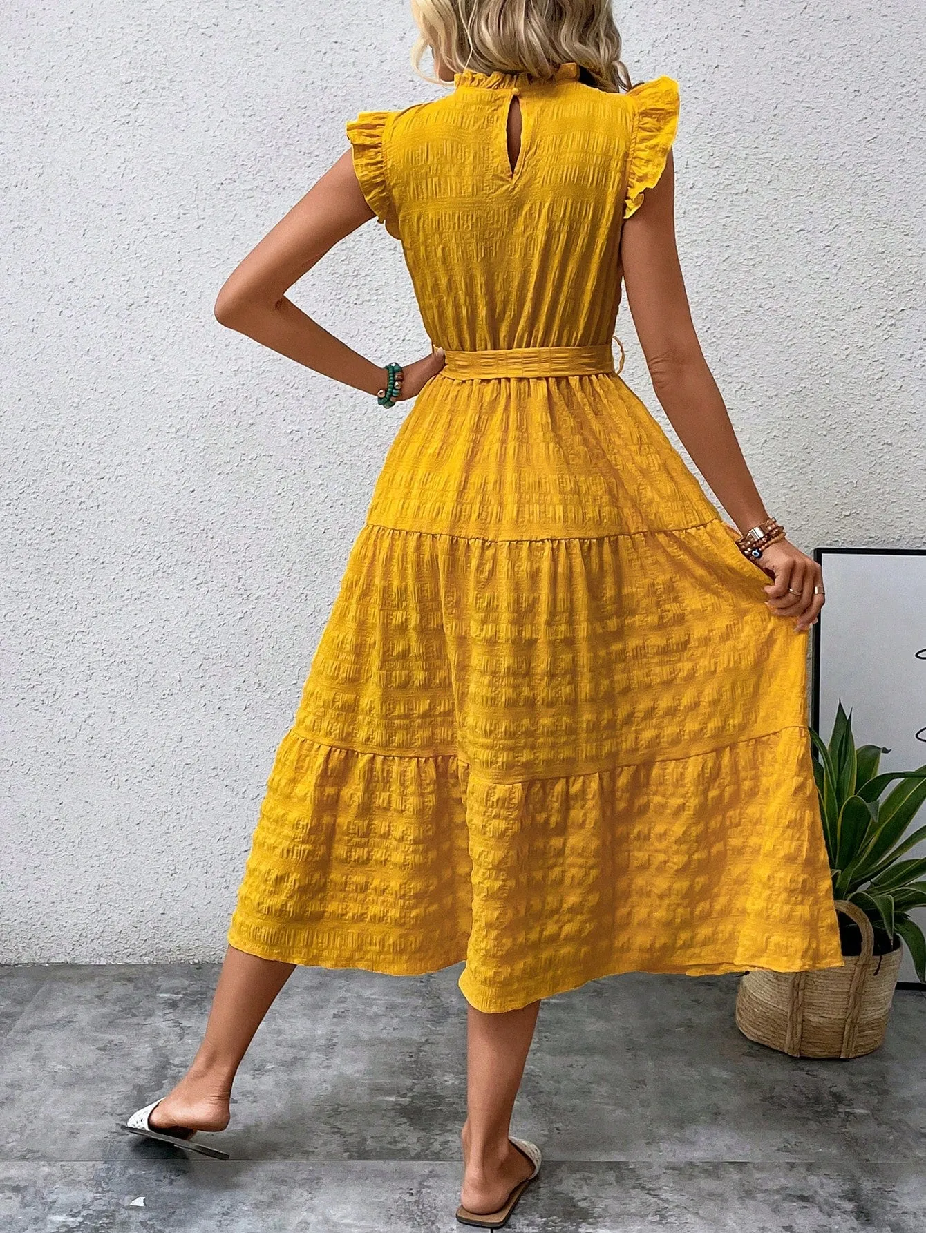 LUNE Frill Trim Ruffle Hem Belted Dress
