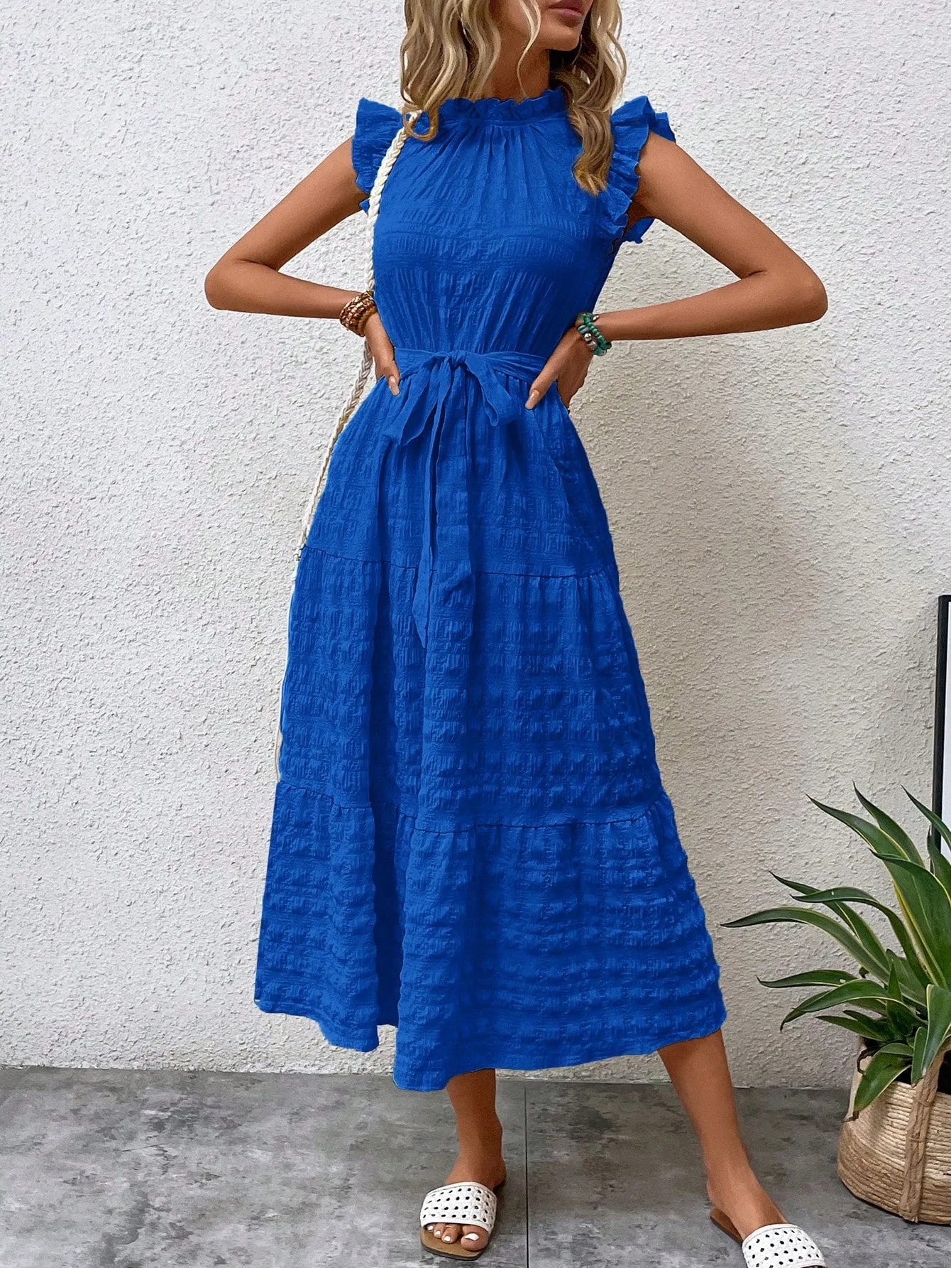 LUNE Frill Trim Ruffle Hem Belted Dress