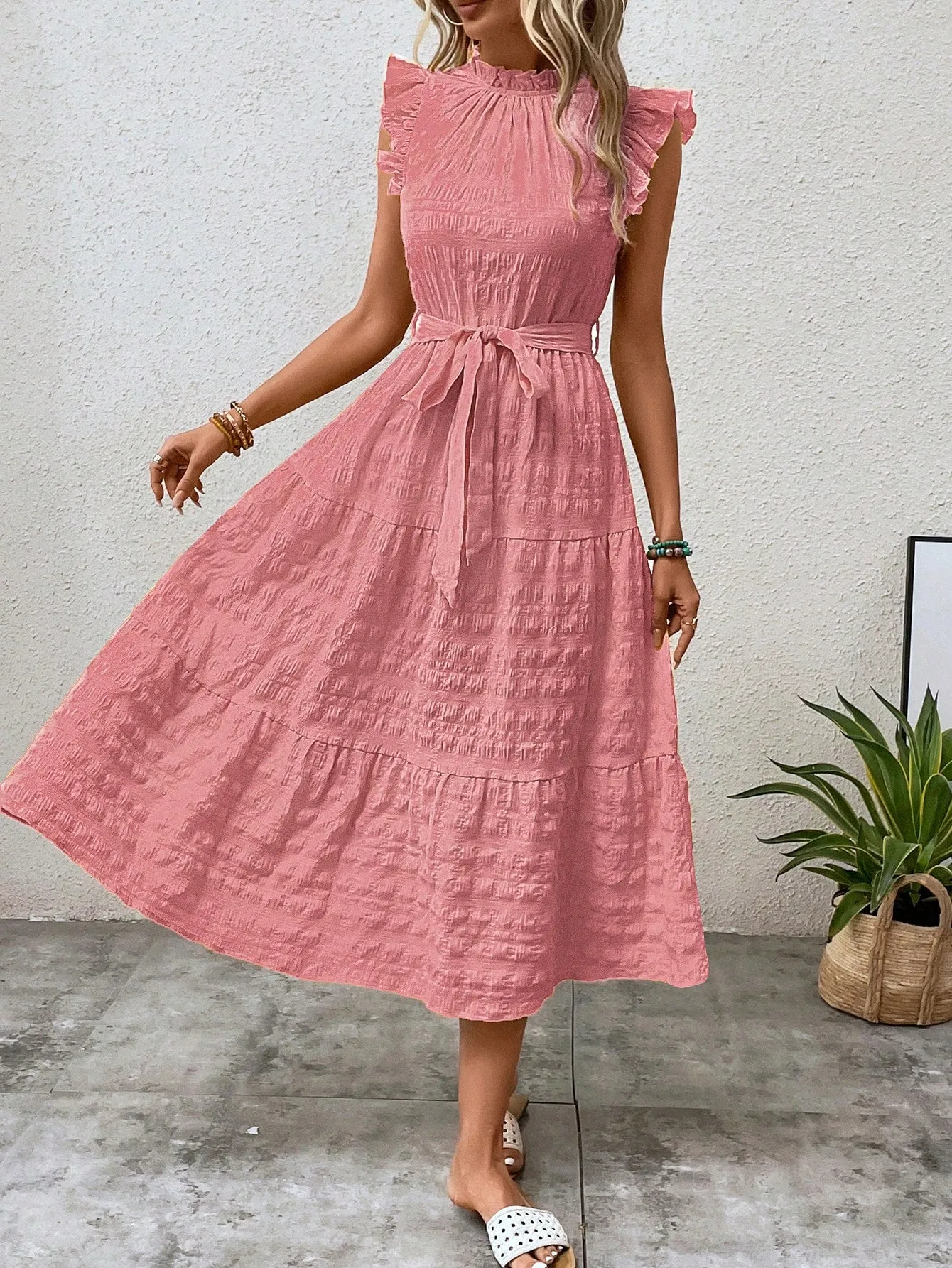LUNE Frill Trim Ruffle Hem Belted Dress