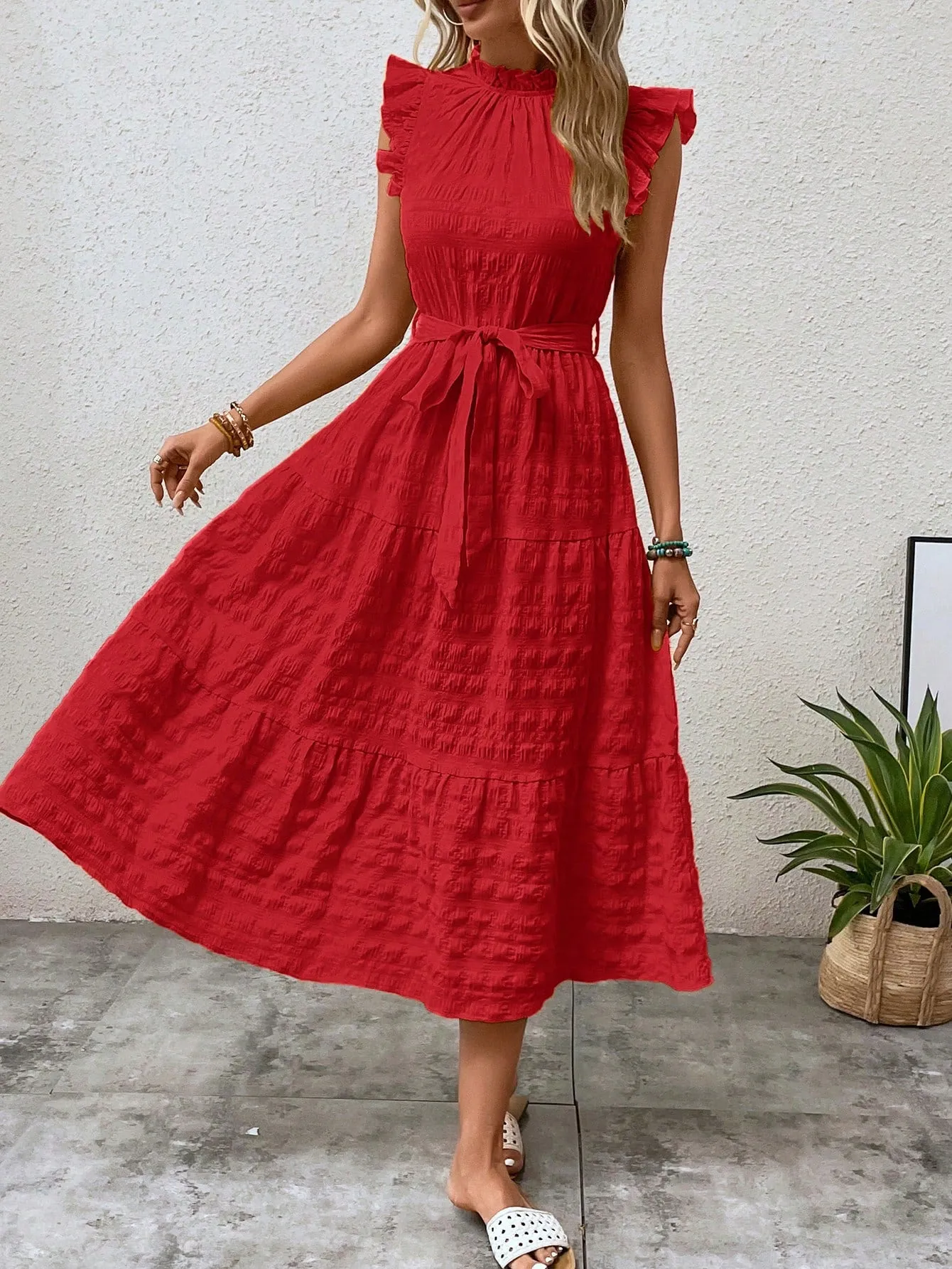 LUNE Frill Trim Ruffle Hem Belted Dress