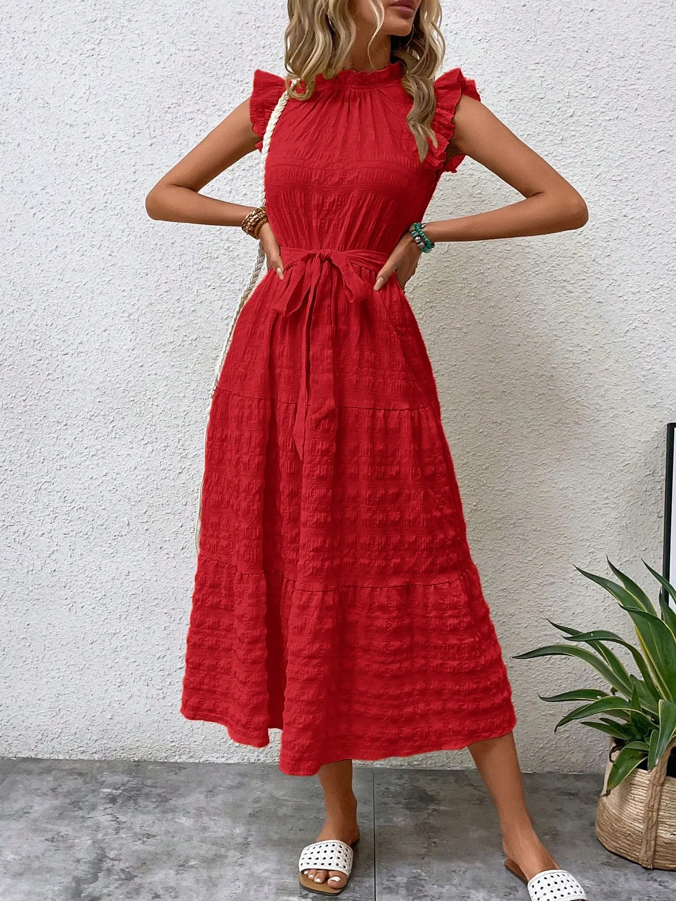 LUNE Frill Trim Ruffle Hem Belted Dress