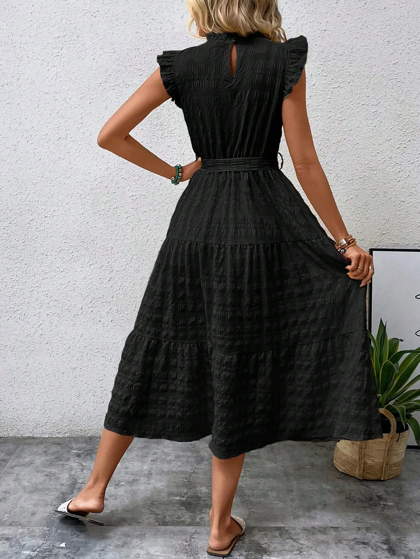 LUNE Frill Trim Ruffle Hem Belted Dress