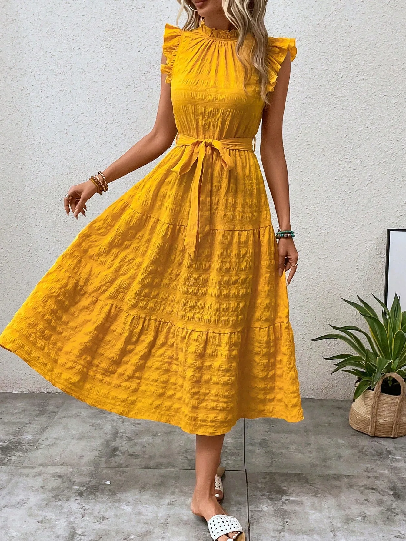 LUNE Frill Trim Ruffle Hem Belted Dress
