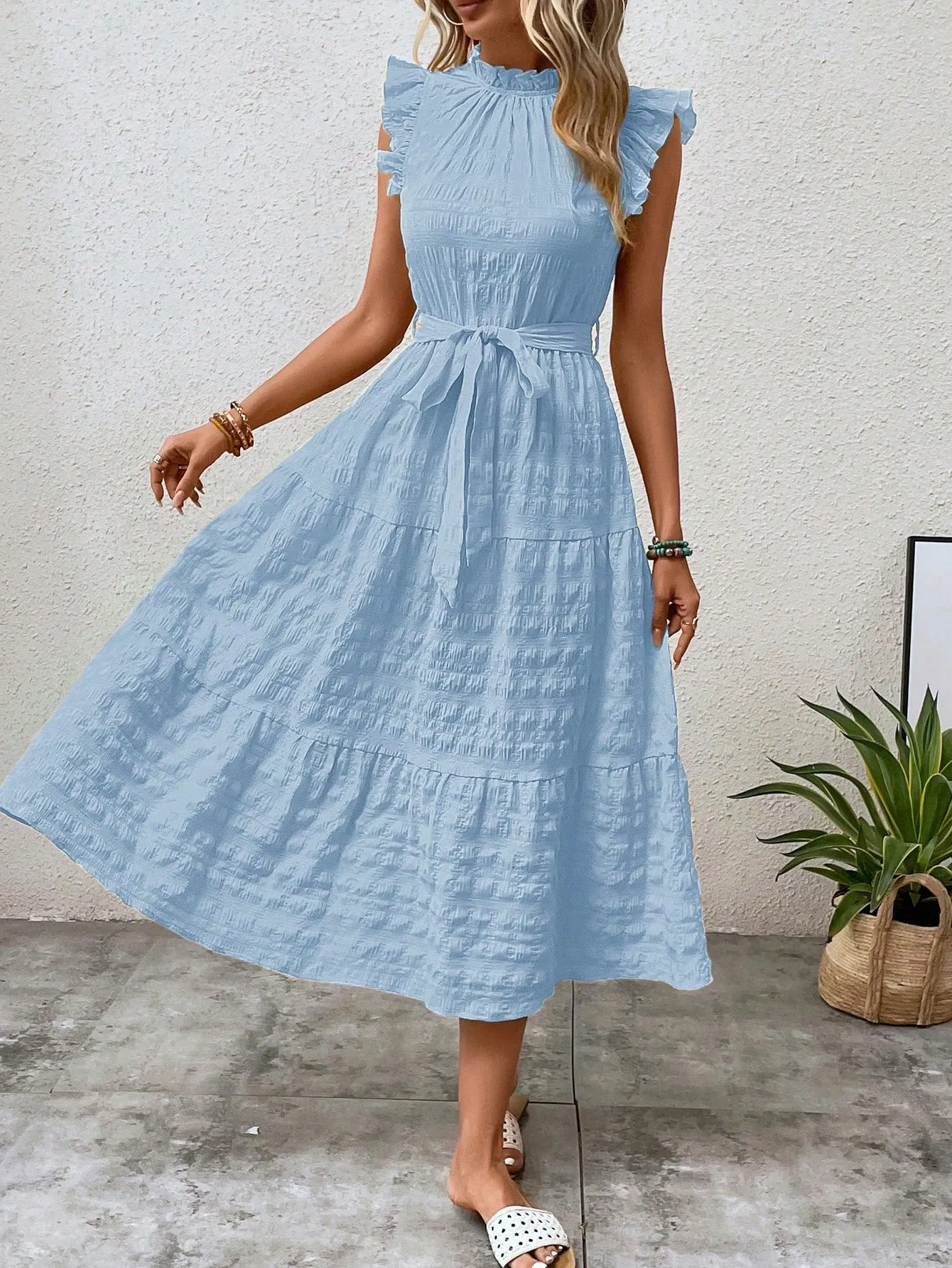 LUNE Frill Trim Ruffle Hem Belted Dress