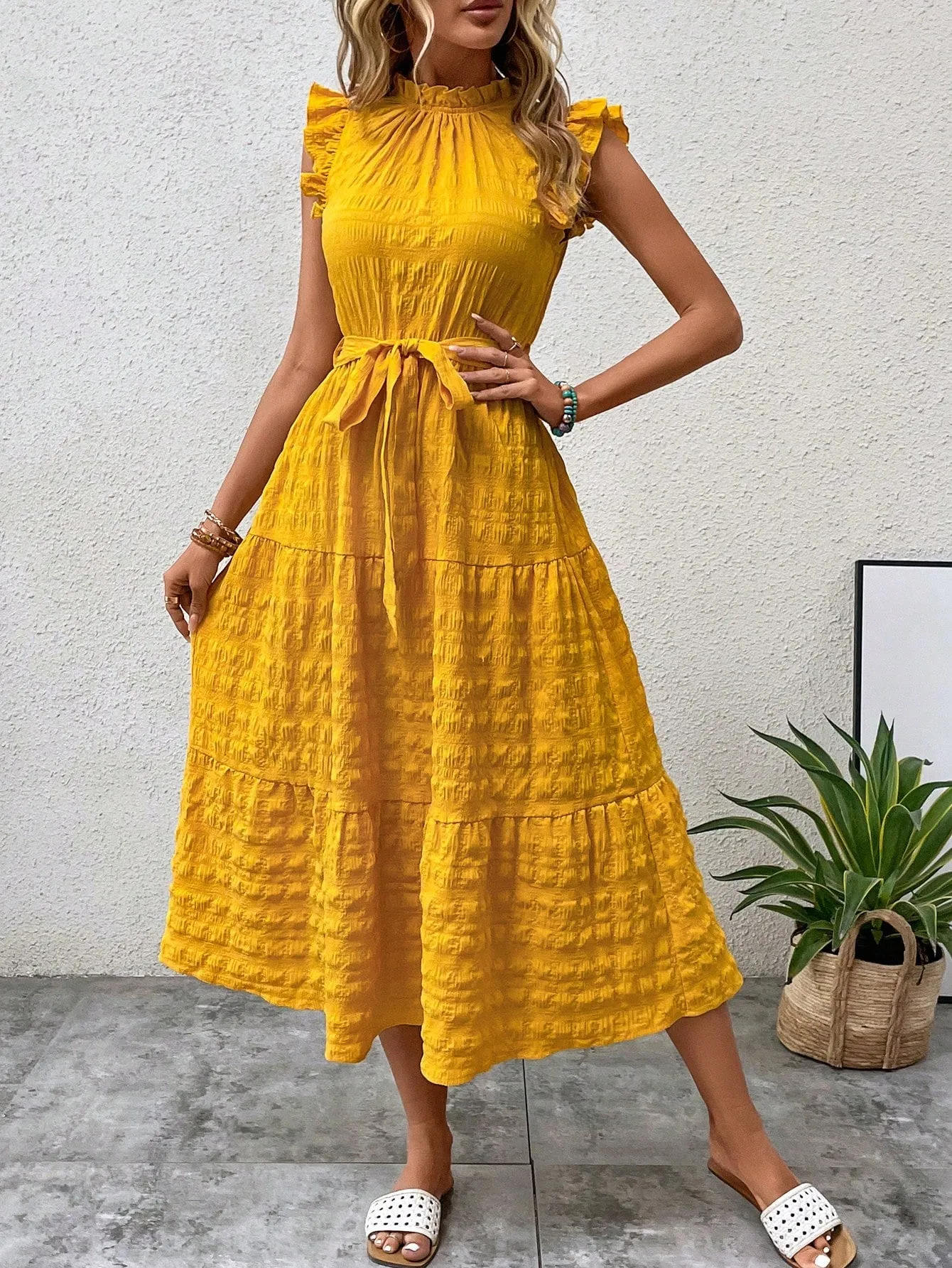 LUNE Frill Trim Ruffle Hem Belted Dress