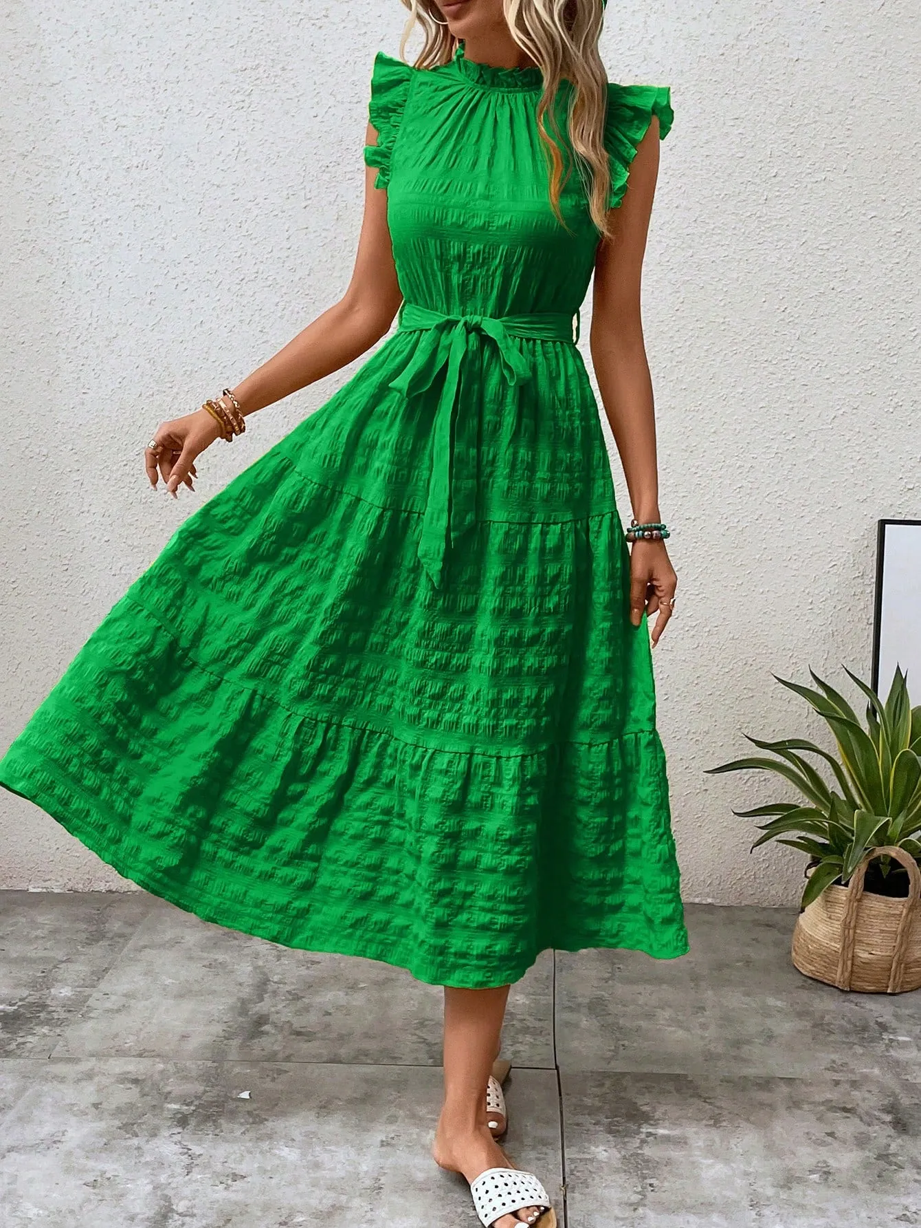 LUNE Frill Trim Ruffle Hem Belted Dress