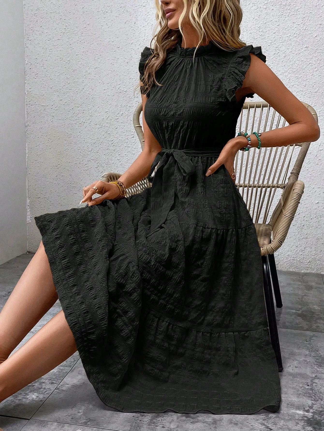 LUNE Frill Trim Ruffle Hem Belted Dress