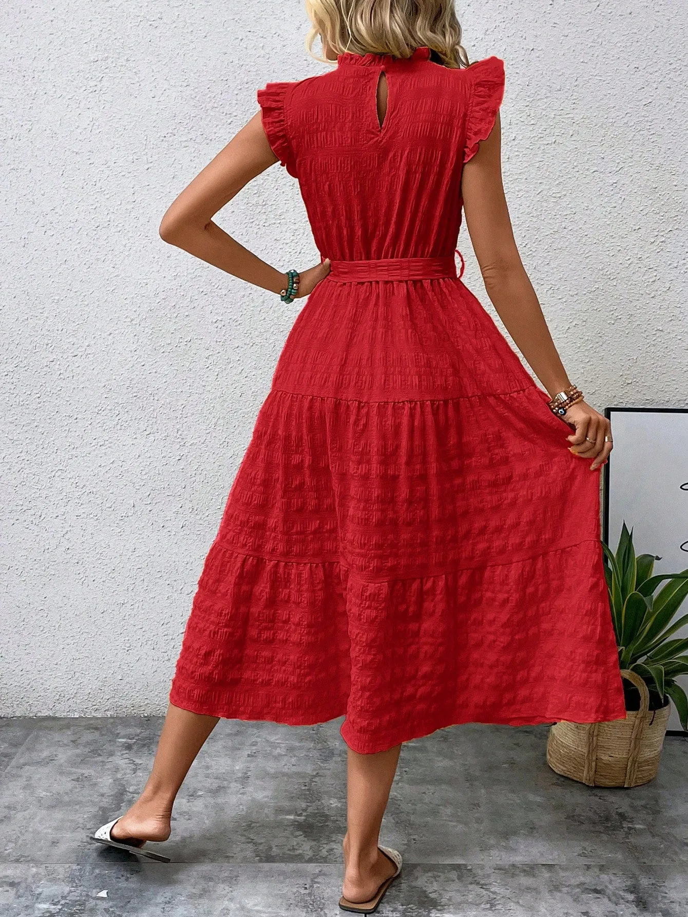 LUNE Frill Trim Ruffle Hem Belted Dress