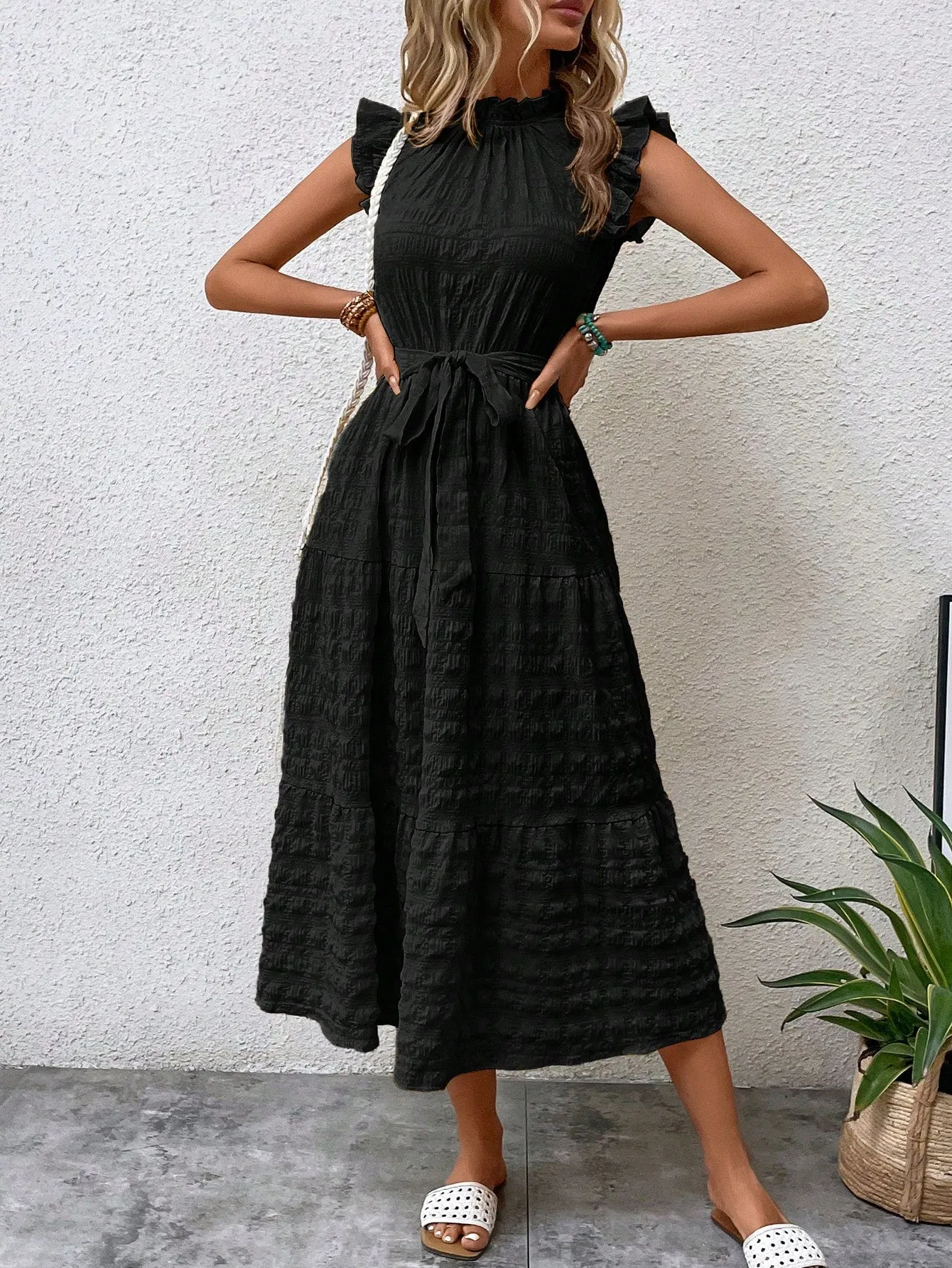 LUNE Frill Trim Ruffle Hem Belted Dress