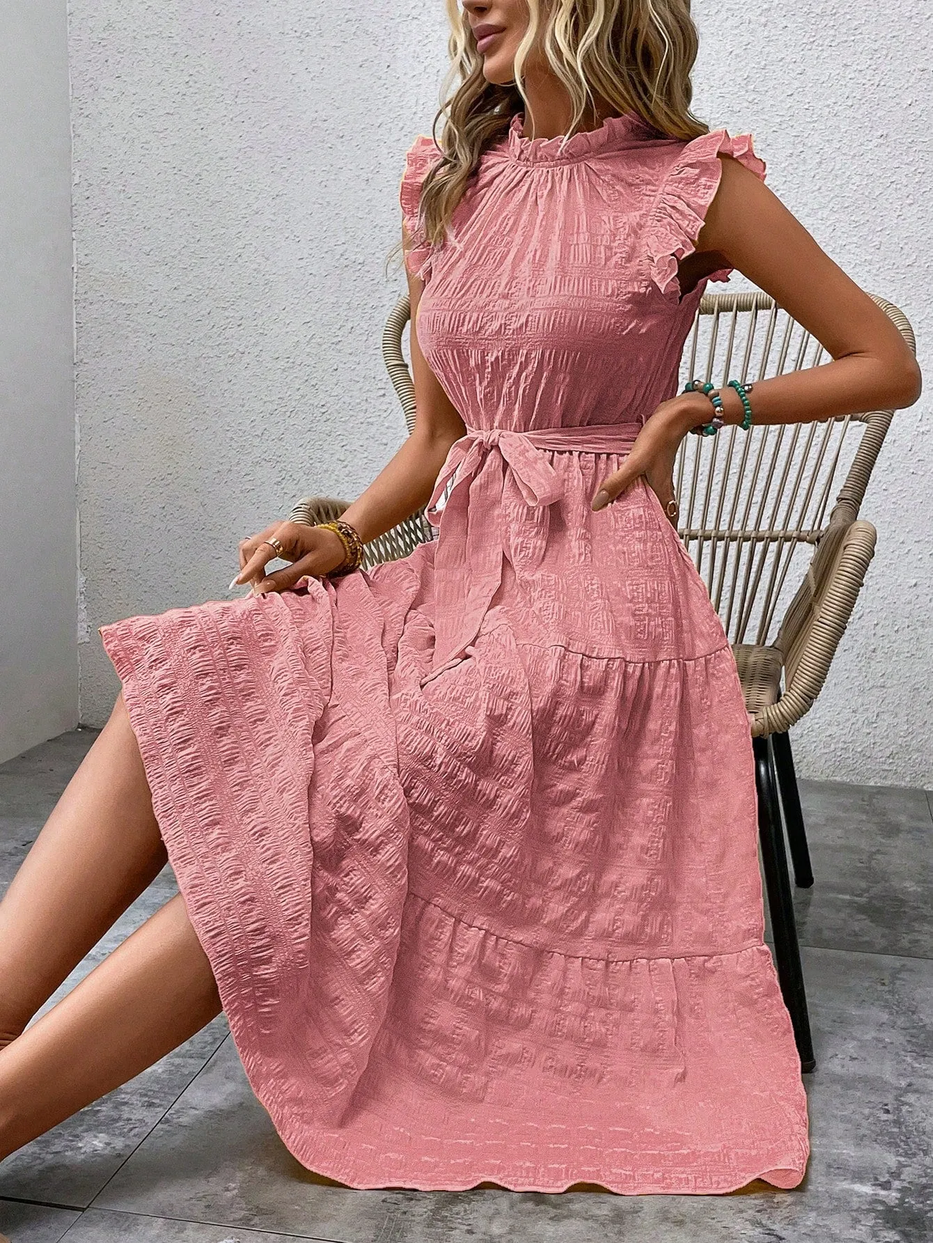 LUNE Frill Trim Ruffle Hem Belted Dress