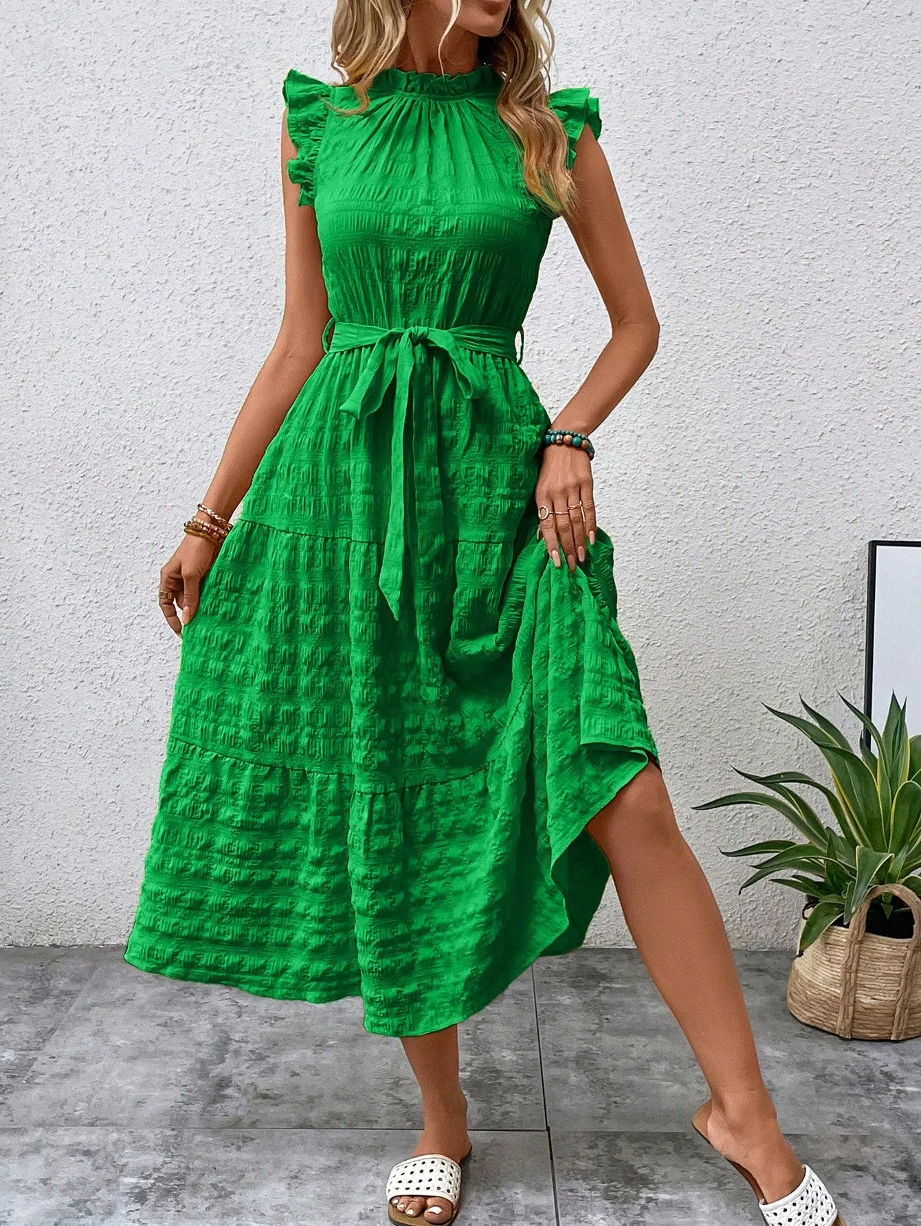 LUNE Frill Trim Ruffle Hem Belted Dress