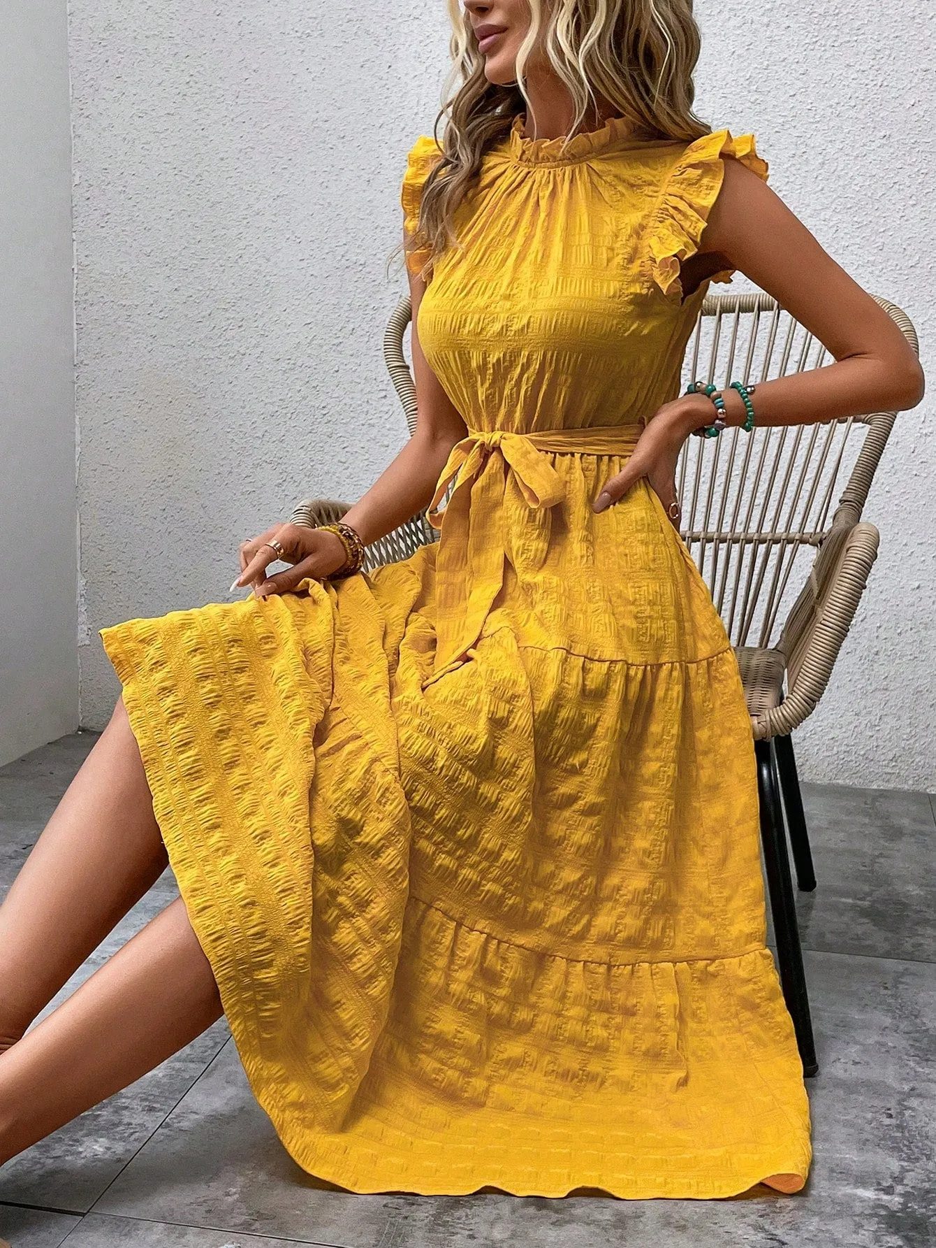 LUNE Frill Trim Ruffle Hem Belted Dress