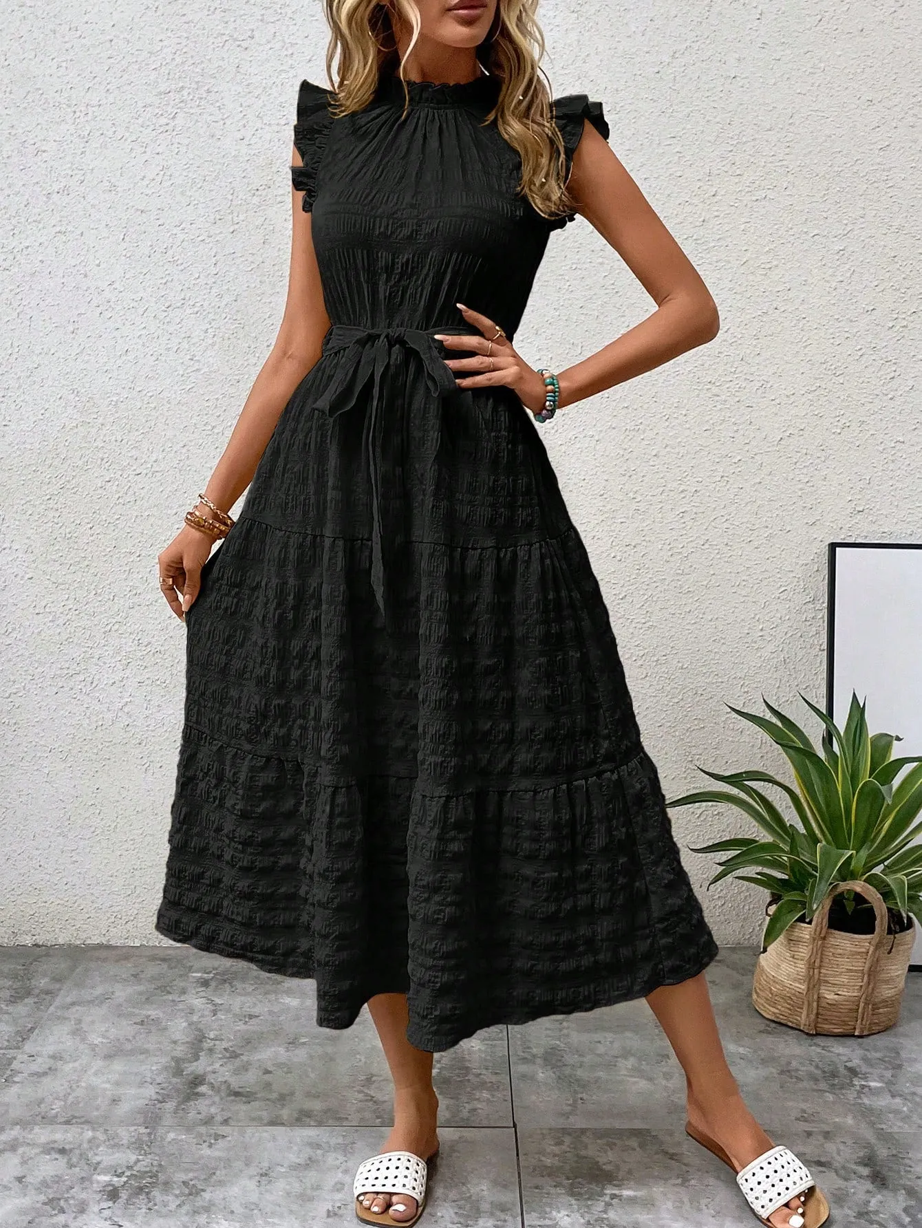 LUNE Frill Trim Ruffle Hem Belted Dress