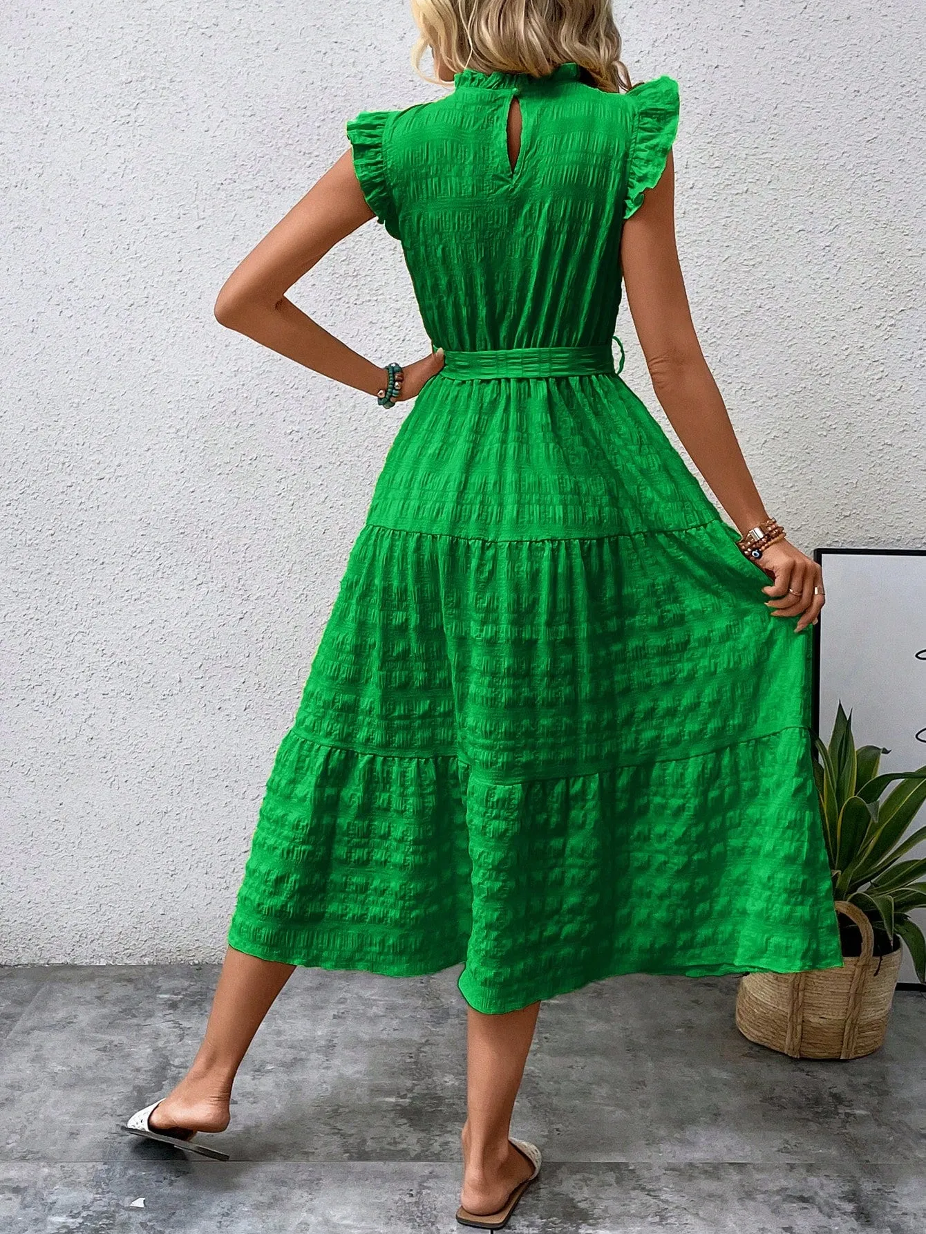 LUNE Frill Trim Ruffle Hem Belted Dress