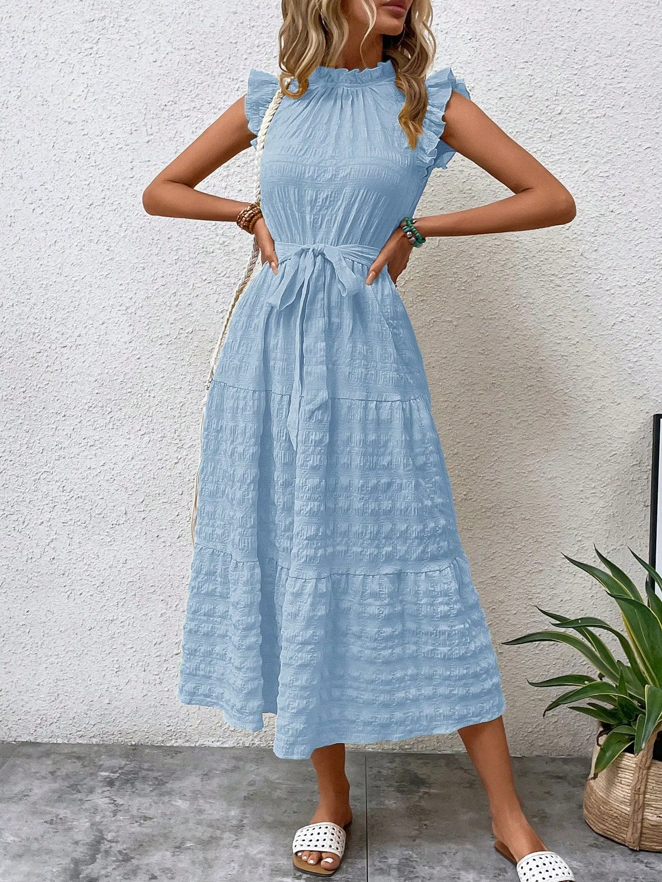 LUNE Frill Trim Ruffle Hem Belted Dress